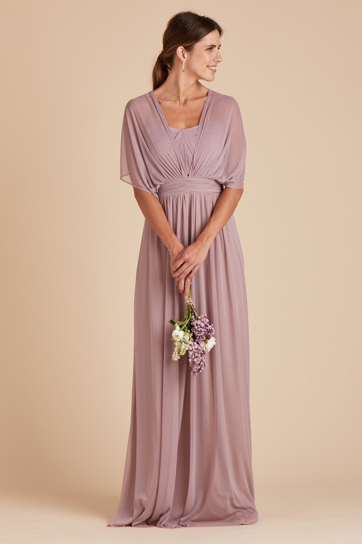 Chicky convertible bridesmaid dress in mauve purple mesh by Birdy Grey, front view