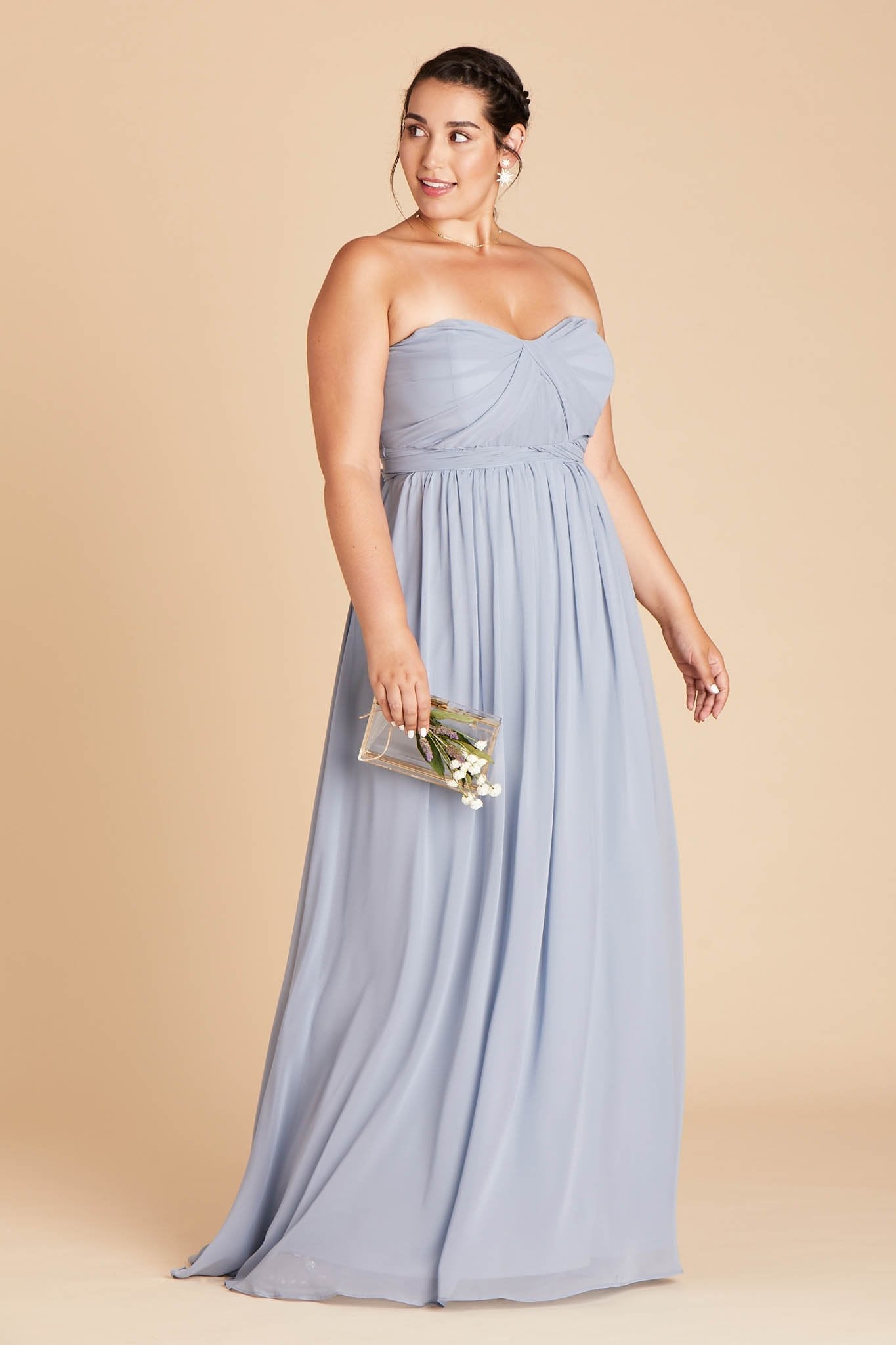 Grace convertible plus size bridesmaid dress in dusty blue chiffon by Birdy Grey, side view