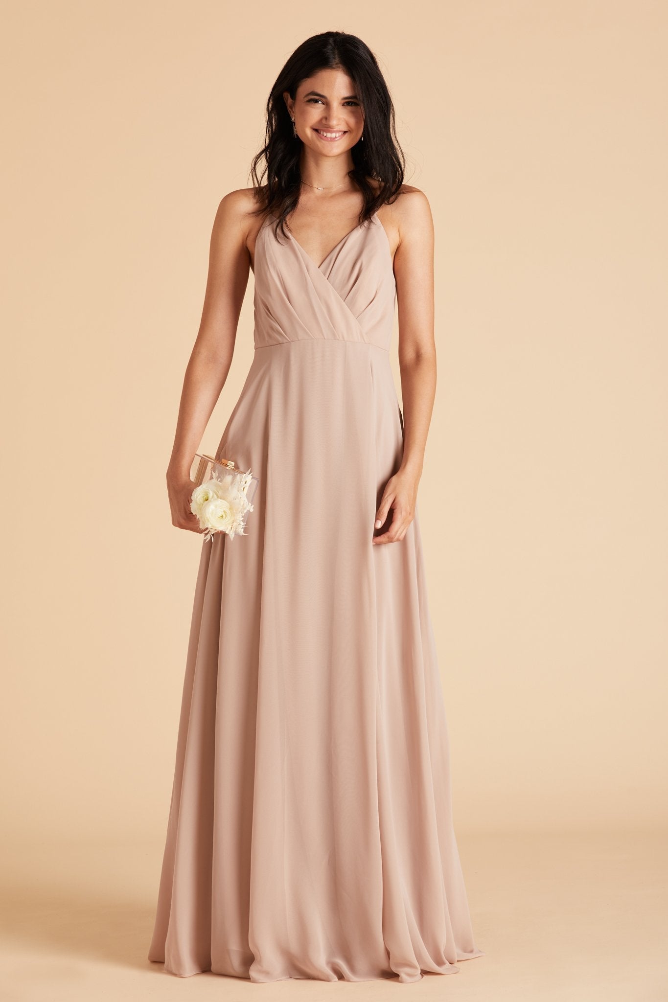 Kaia bridesmaids dress in taupe chiffon by Birdy Grey, front view