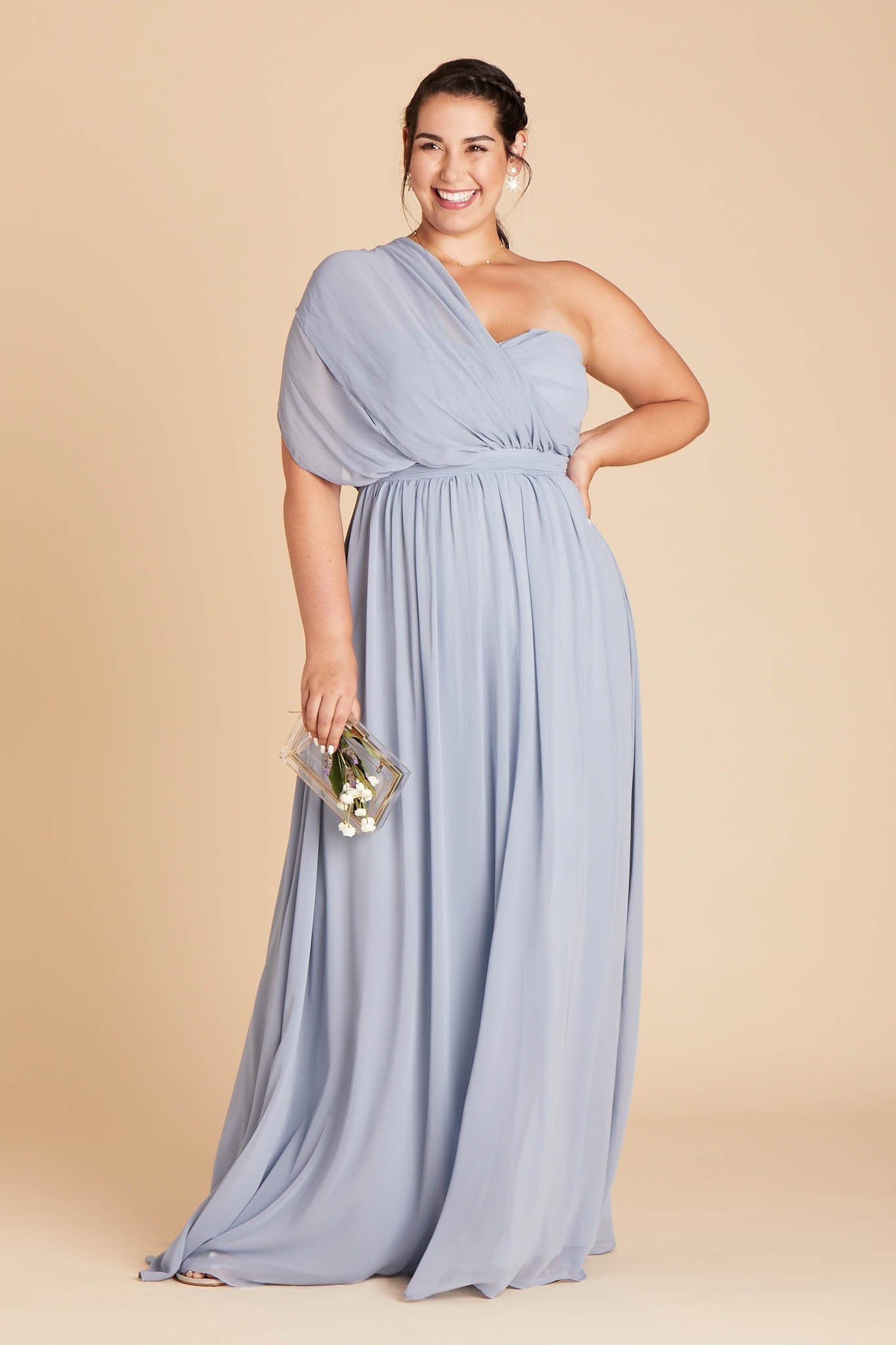 Grace convertible plus size bridesmaid dress in dusty blue chiffon by Birdy Grey, front view