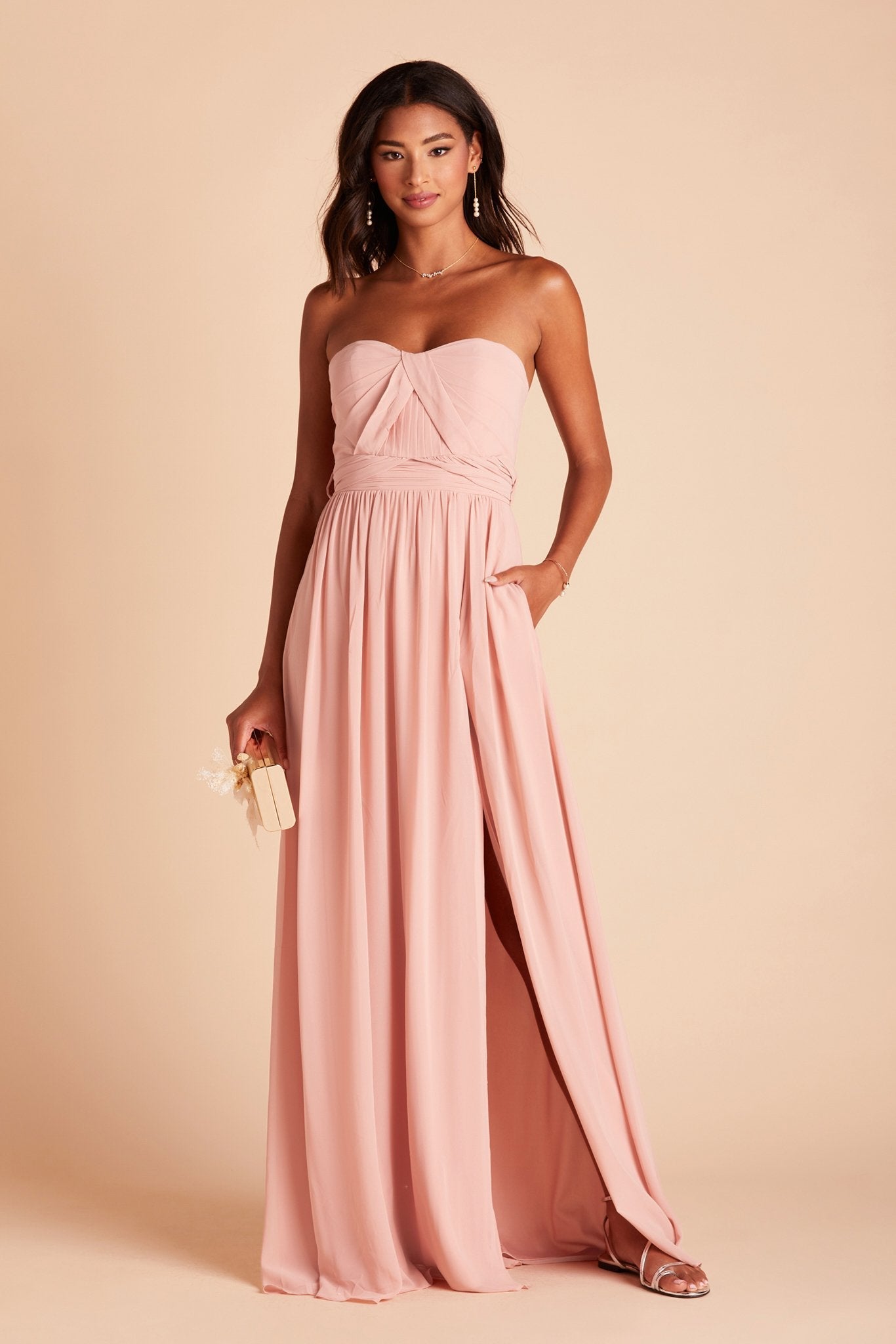 Grace convertible bridesmaid dress with slit in rose quartz pink chiffon by Birdy Grey, front view