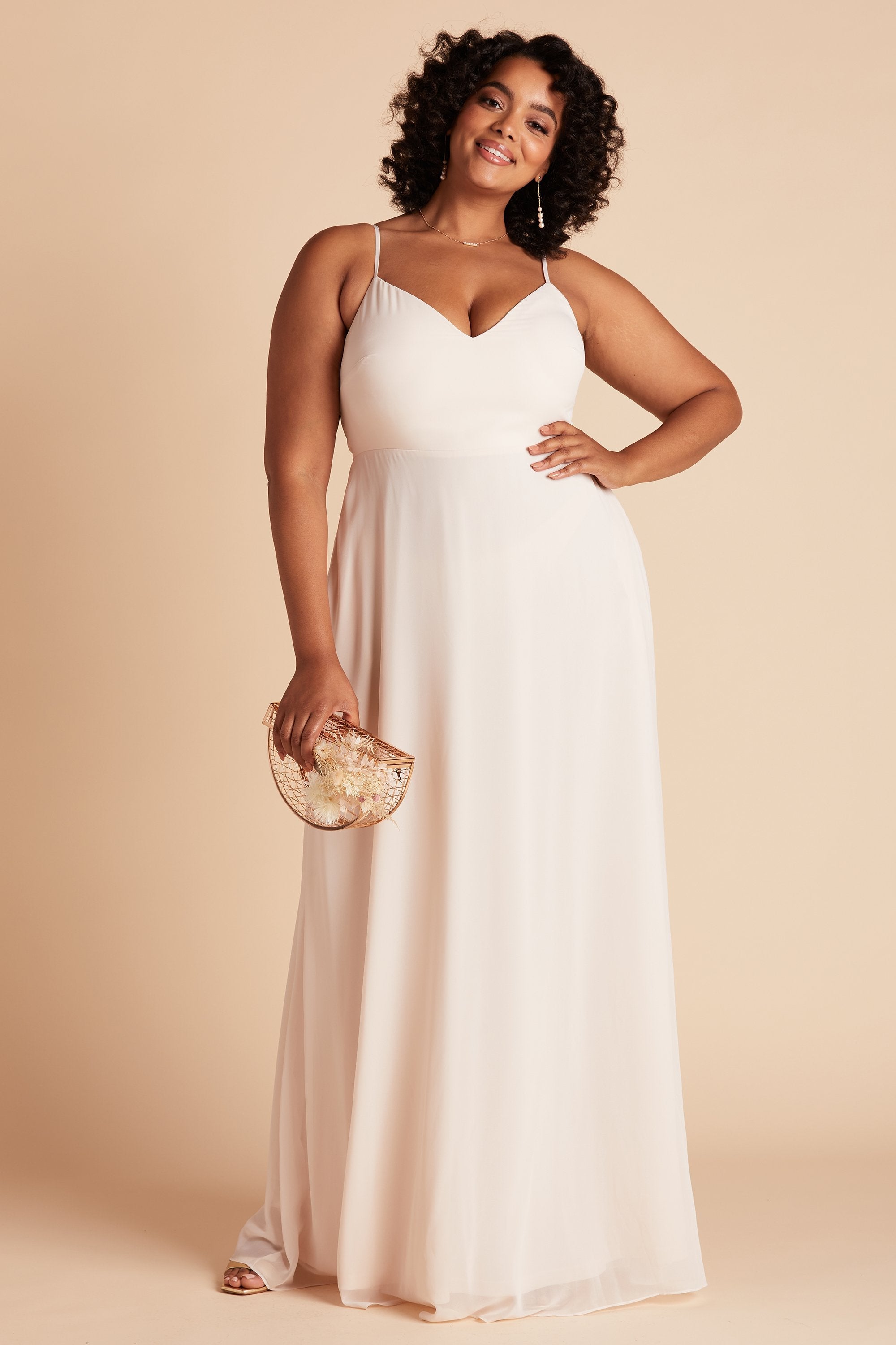 Devin convertible plus size bridesmaids dress in champagne chiffon by Birdy Grey, front view