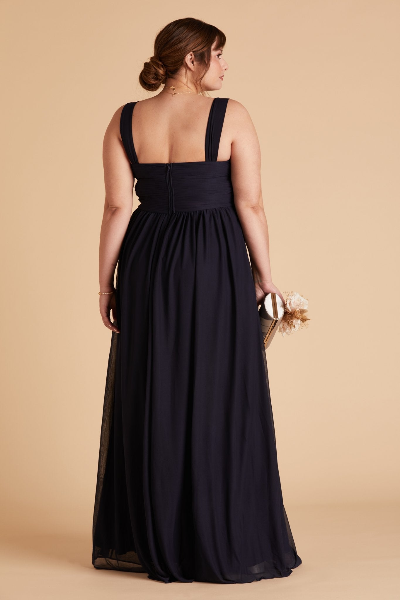 Elsye plus size bridesmaid dress in navy blue chiffon by Birdy Grey, back view