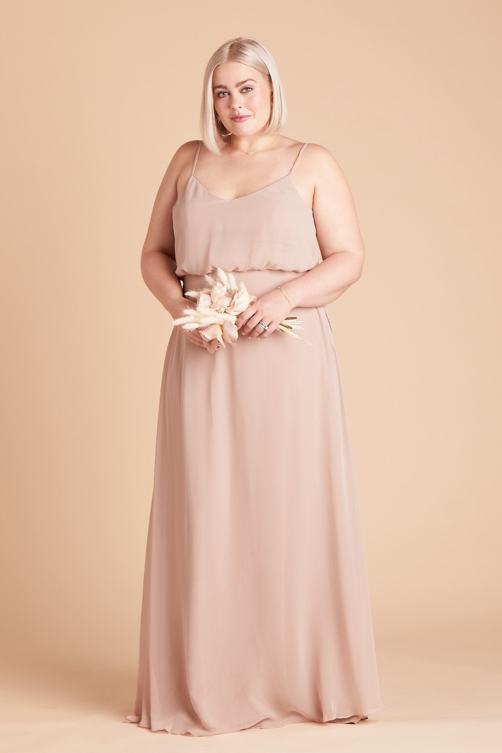 Gwennie plus size bridesmaid dress in taupe chiffon by Birdy Grey, front view