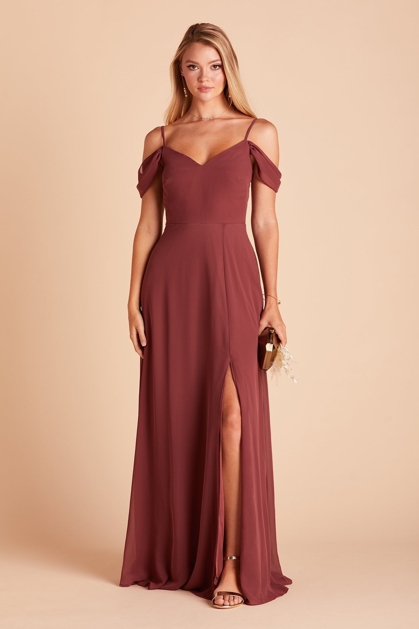 Devin convertible bridesmaids dress with slit in rosewood chiffon by Birdy Grey, front view