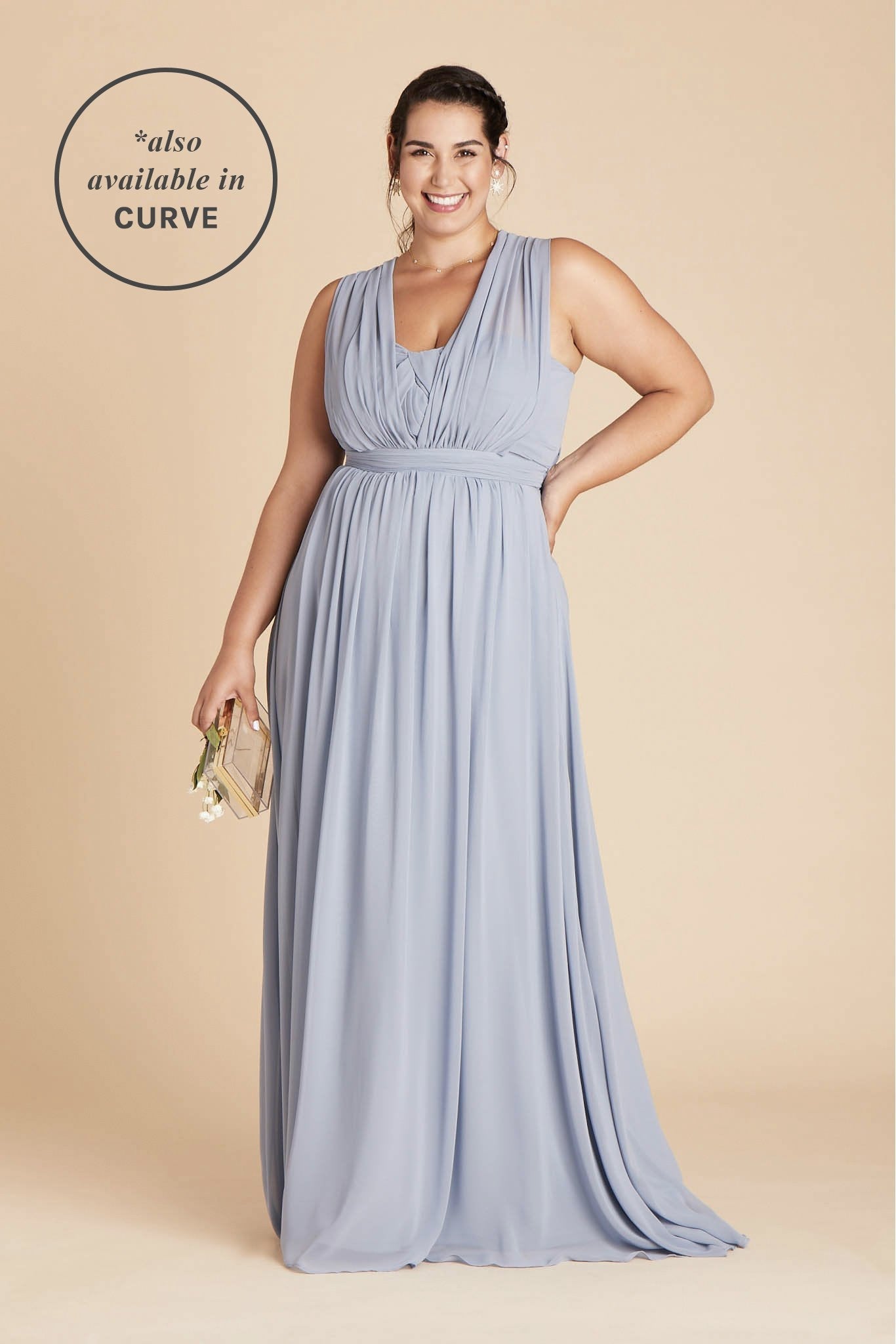 Grace convertible plus size bridesmaid dress in dusty blue chiffon by Birdy Grey, front view