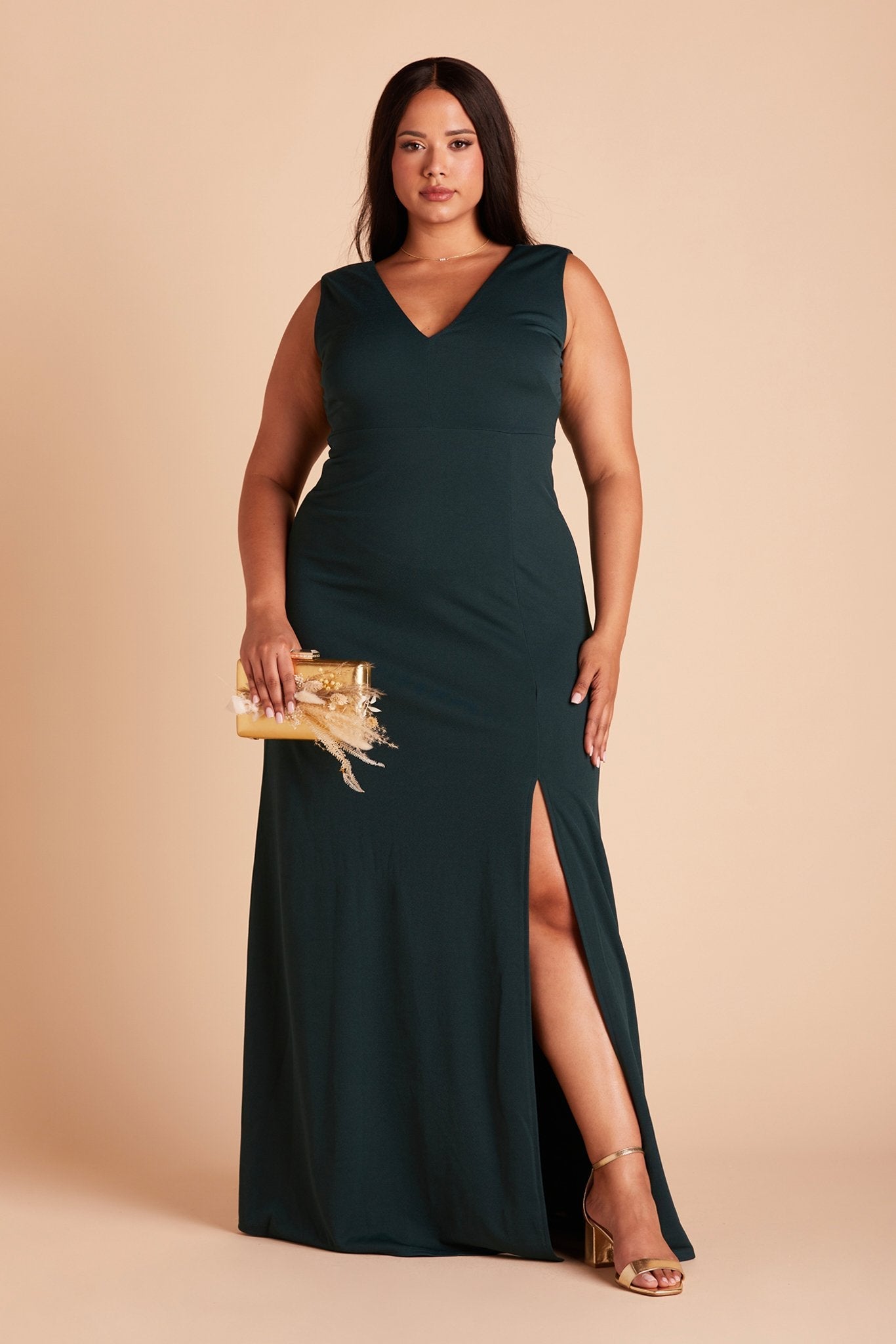 Shamin plus size bridesmaid dress with slit in emerald green chiffon by Birdy Grey, front view