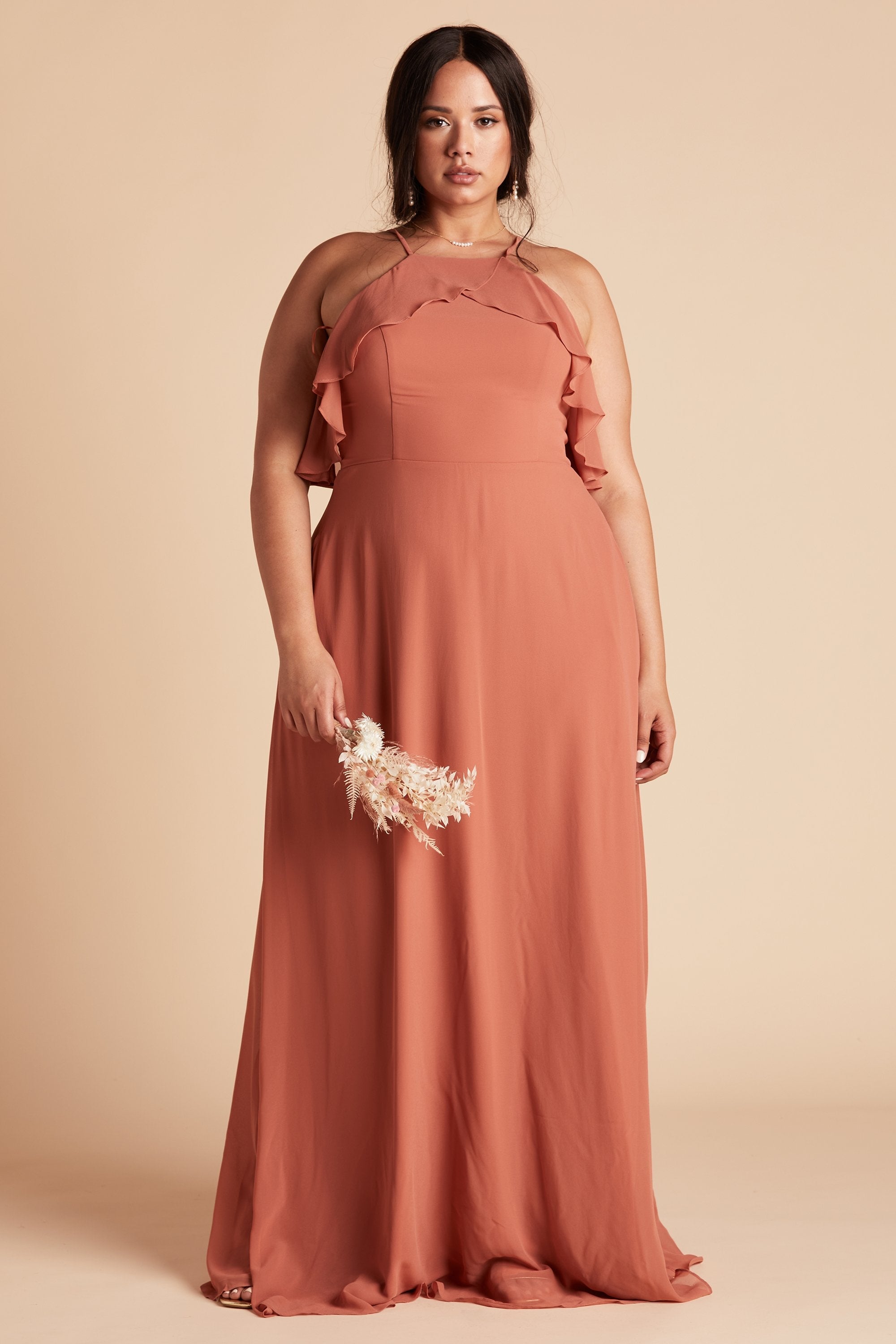 Jules plus size bridesmaid dress in terracotta orange chiffon by Birdy Grey, front view