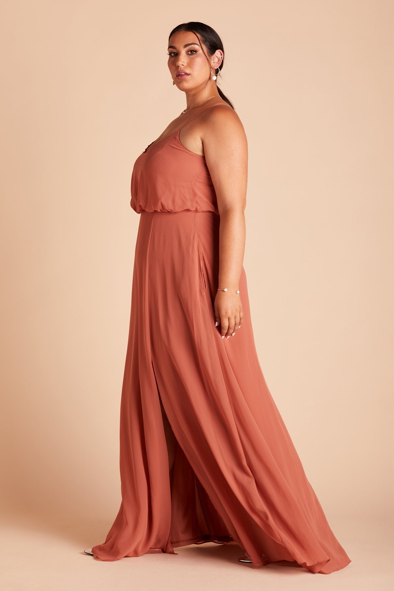 Gwennie plus size bridesmaid dress with slit in terracotta chiffon by Birdy Grey, side view