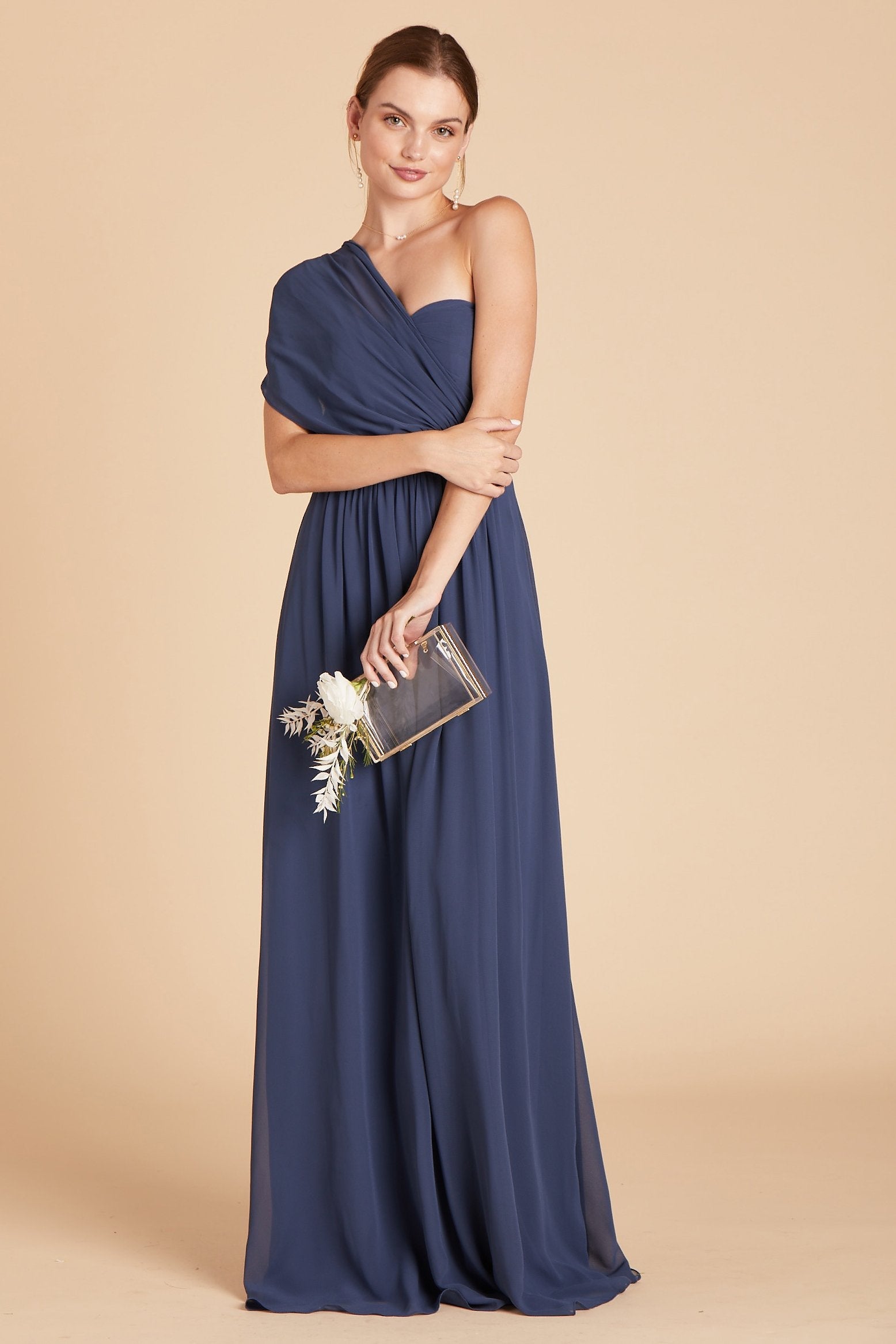 Grace convertible bridesmaid dress in slate blue chiffon by Birdy Grey, front view