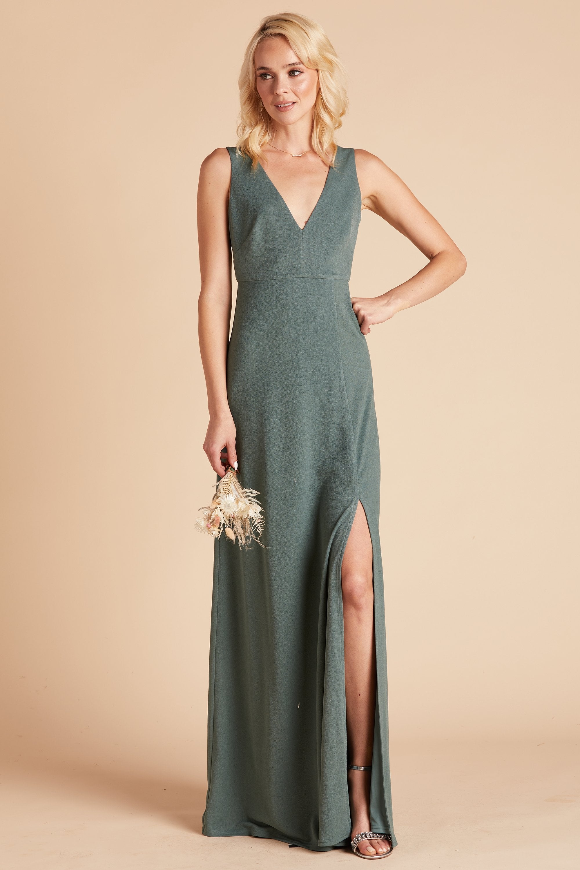 Shamin bridesmaid dress with slit in sea glass green crepe by Birdy Grey, front view