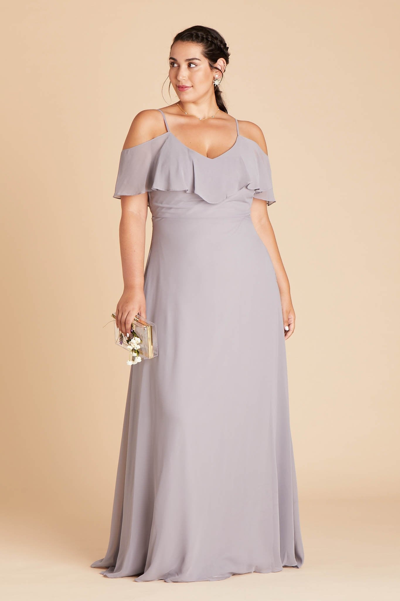 Jane convertible plus size bridesmaid dress in silver chiffon by Birdy Grey, front view