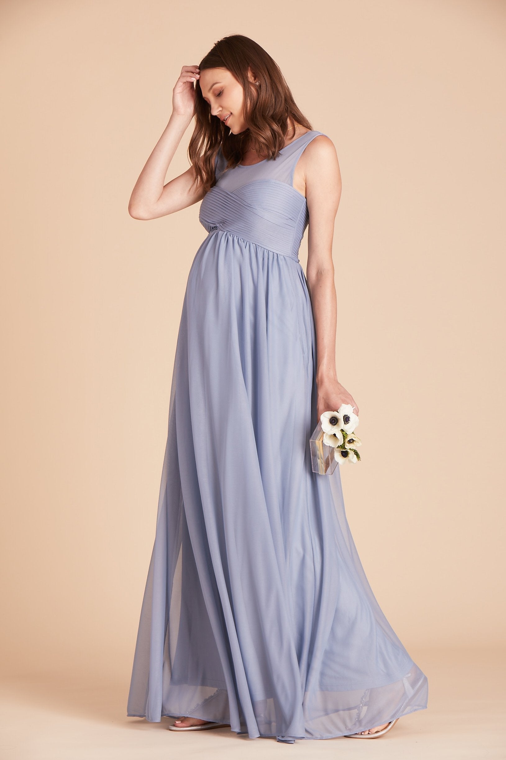 Ryan bridesmaid dress in dusty blue chiffon by Birdy Grey, front view