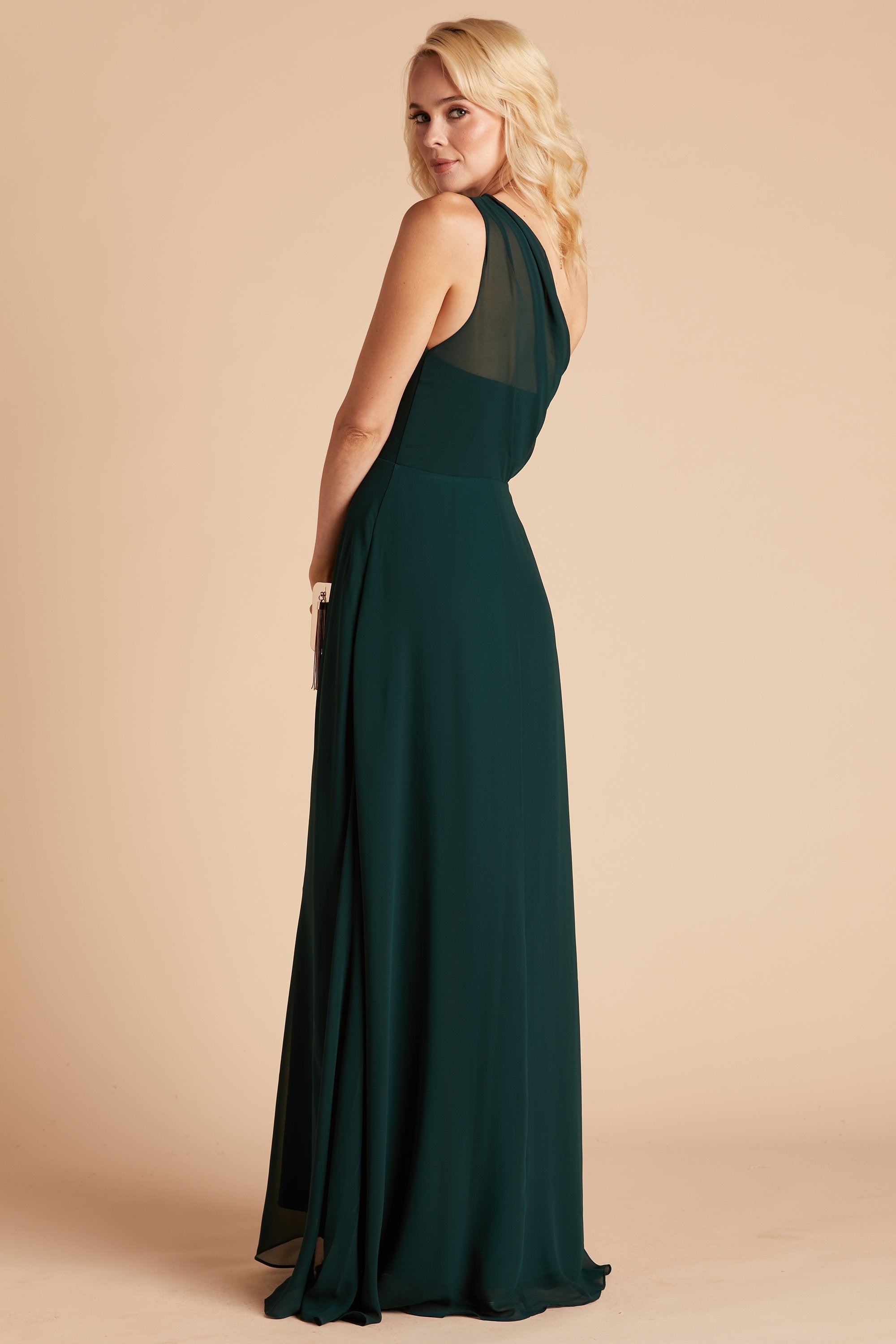 Kira bridesmaid dress in emerald chiffon by Birdy Grey, side view