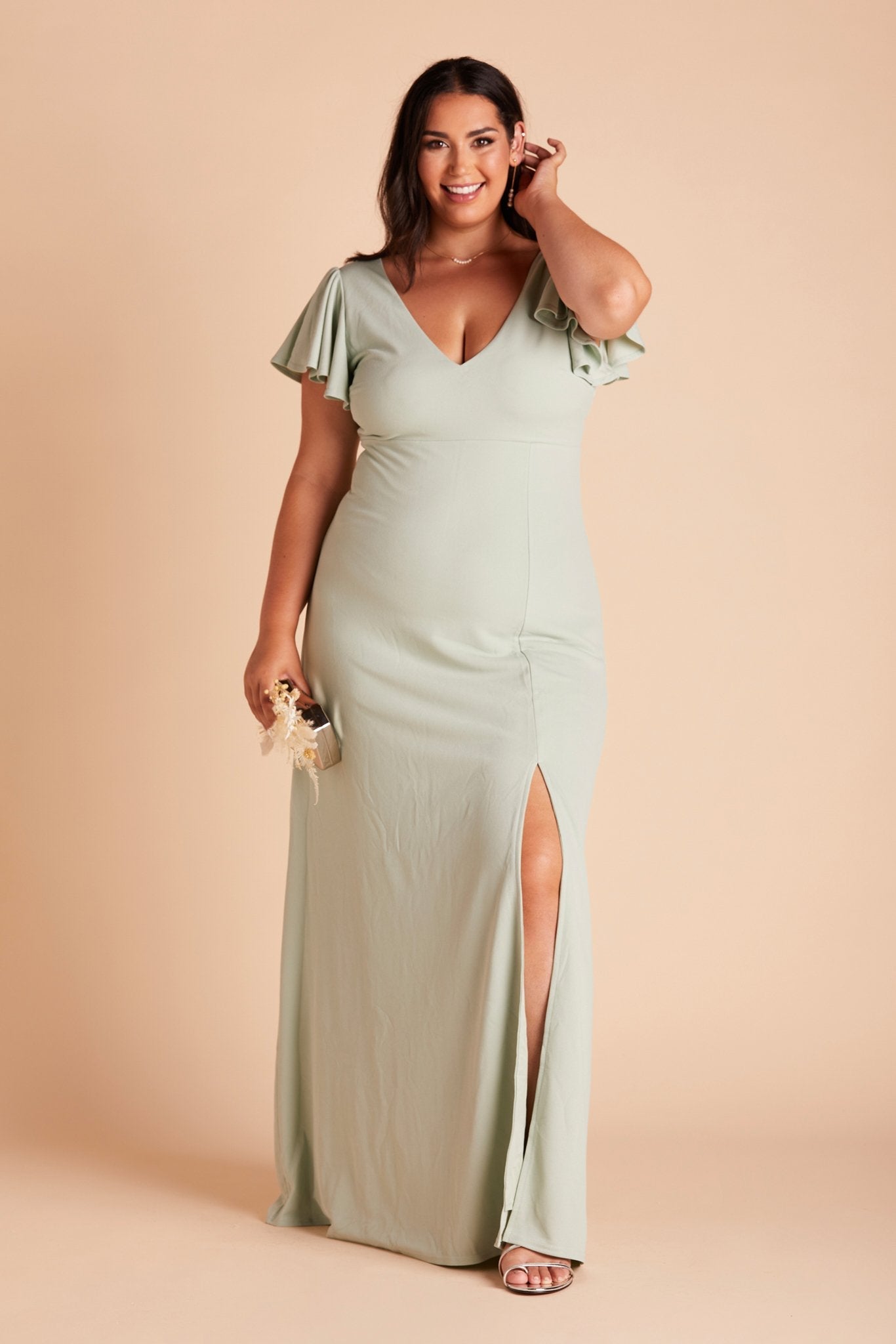 Hannah plus size bridesmaid dress with slit in sage green crepe by Birdy Grey, front view