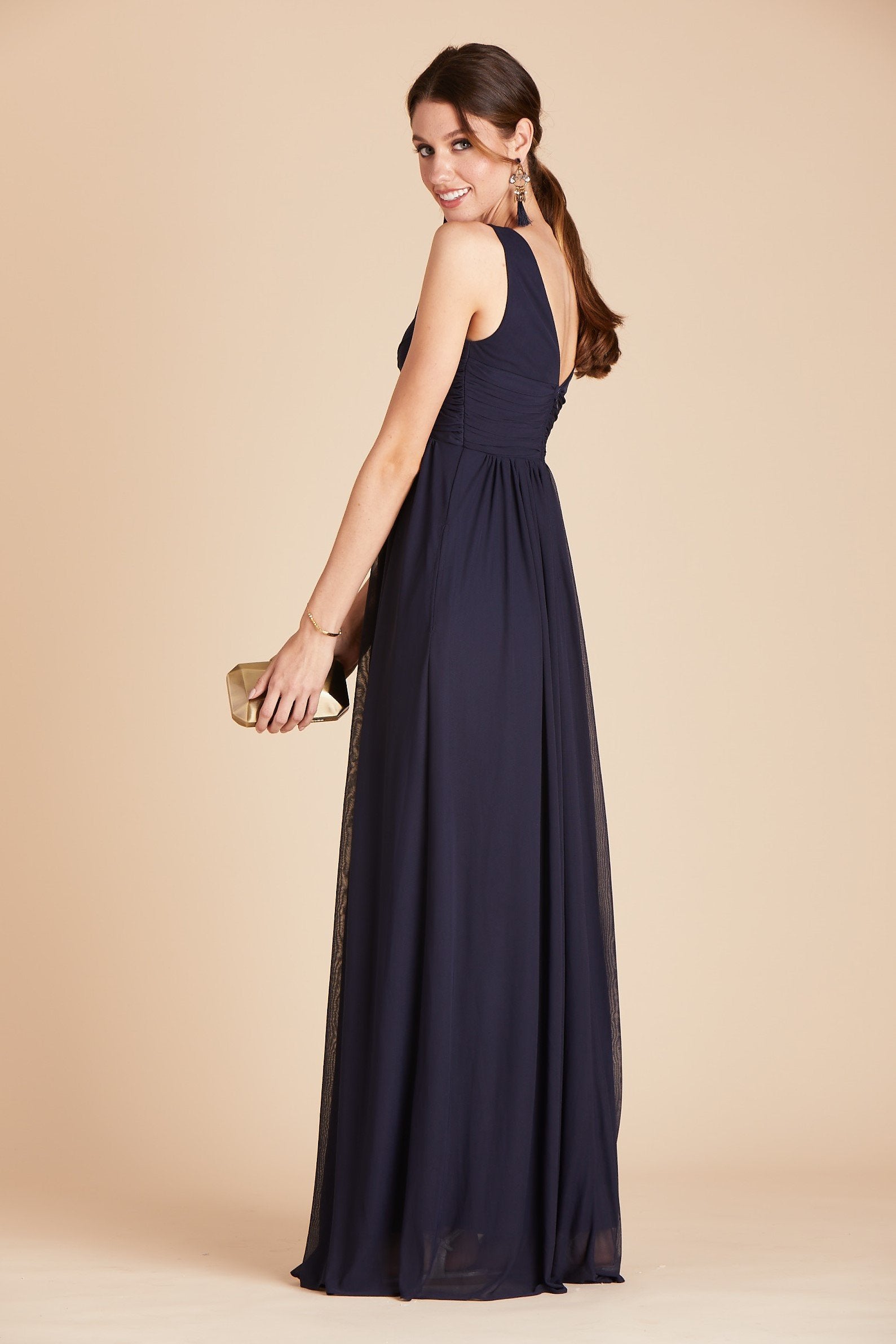 Lianna bridesmaid dress in navy blue chiffon by Birdy Grey, side view