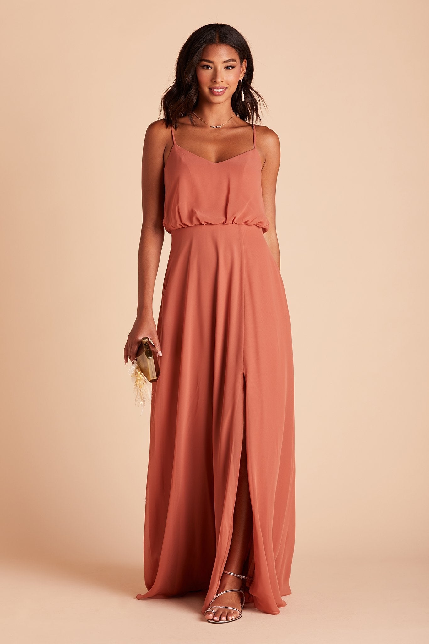 Gwennie bridesmaid dress in terracotta chiffon by Birdy Grey, front view