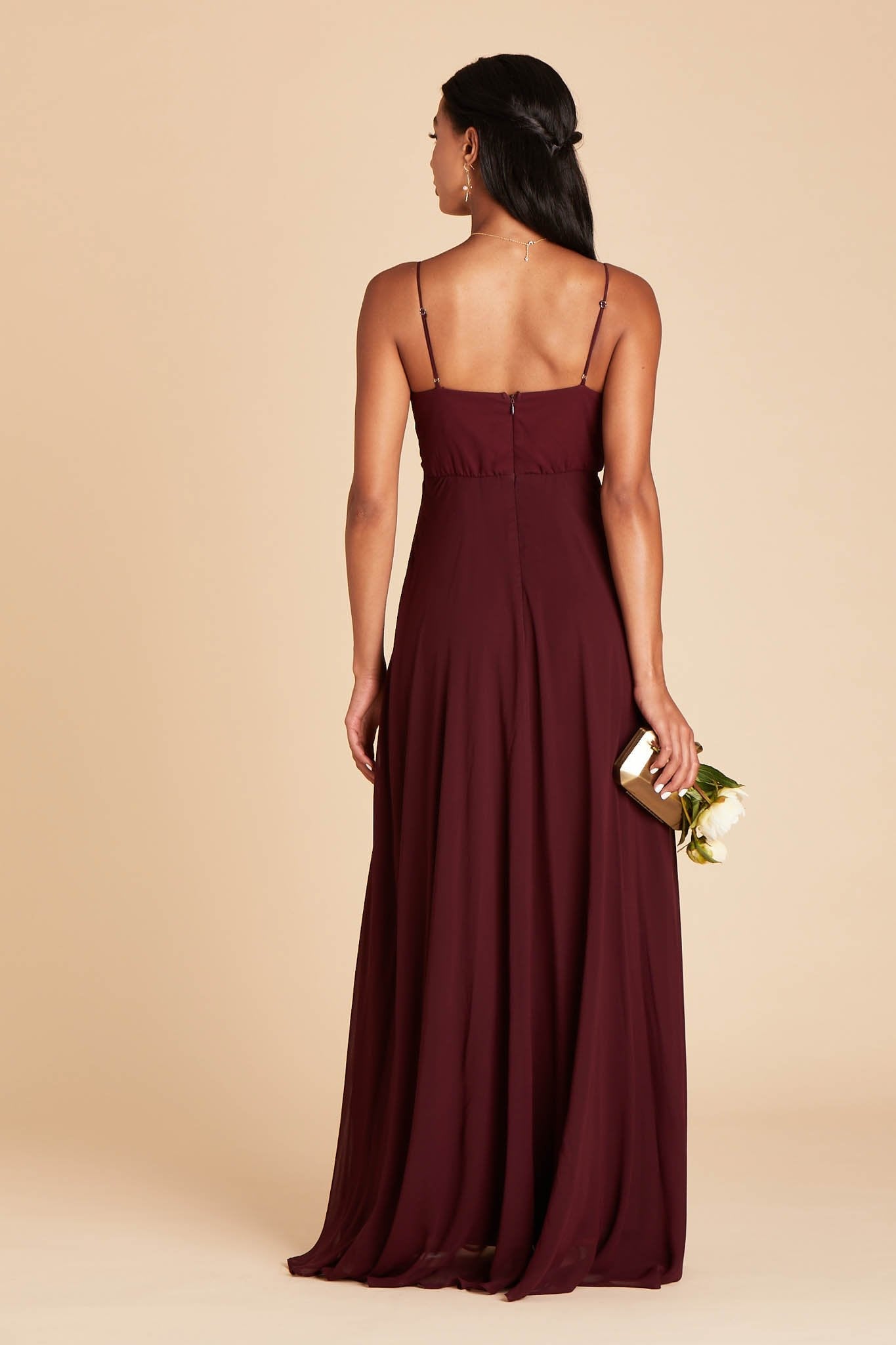 Kaia bridesmaids dress in cabernet burgundy chiffon by Birdy Grey, back view