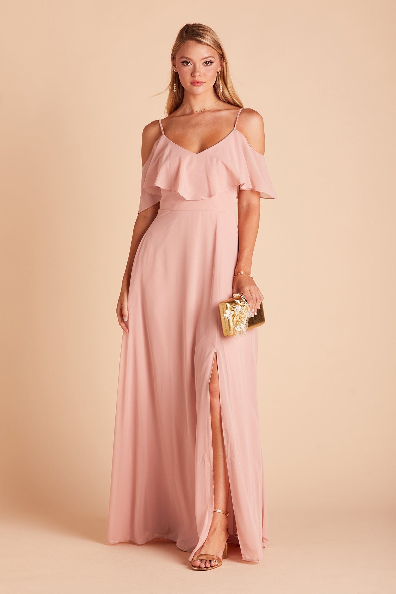 Jane convertible bridesmaid dress with slit in dusty rose chiffon by Birdy Grey, front view