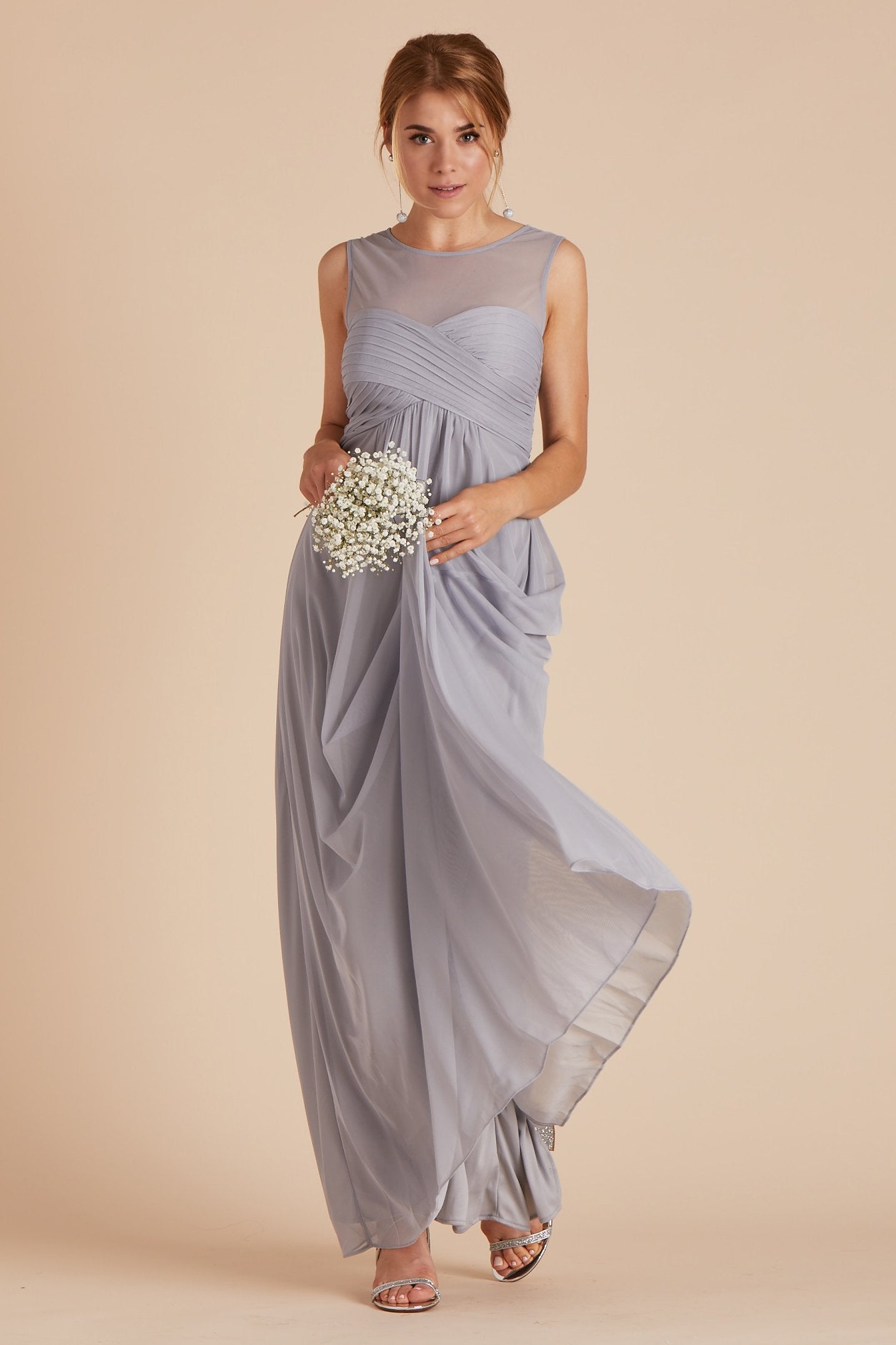 Ryan bridesmaid dress in silver chiffon by Birdy Grey, front view