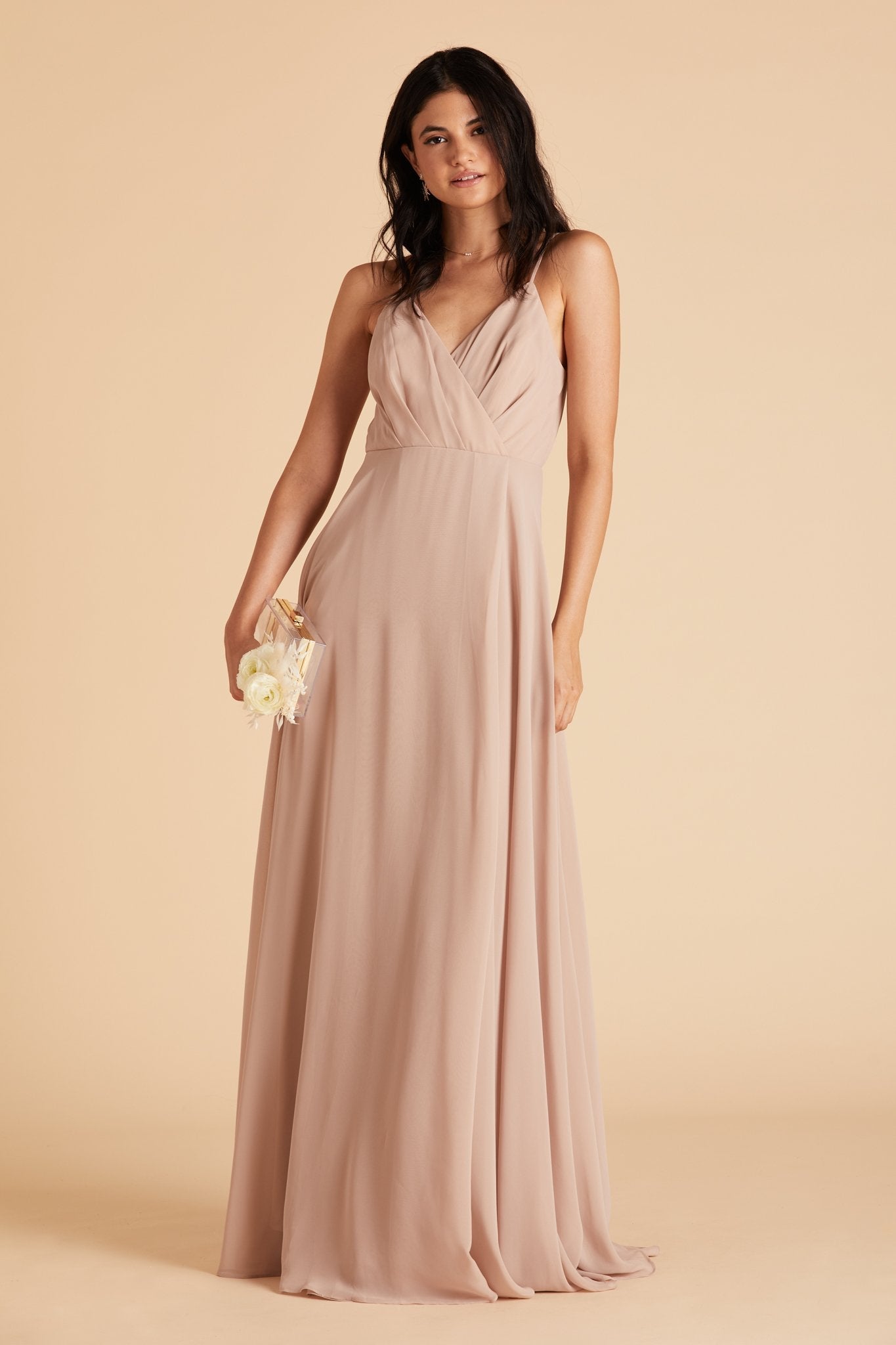 Kaia bridesmaids dress in taupe chiffon by Birdy Grey, front view