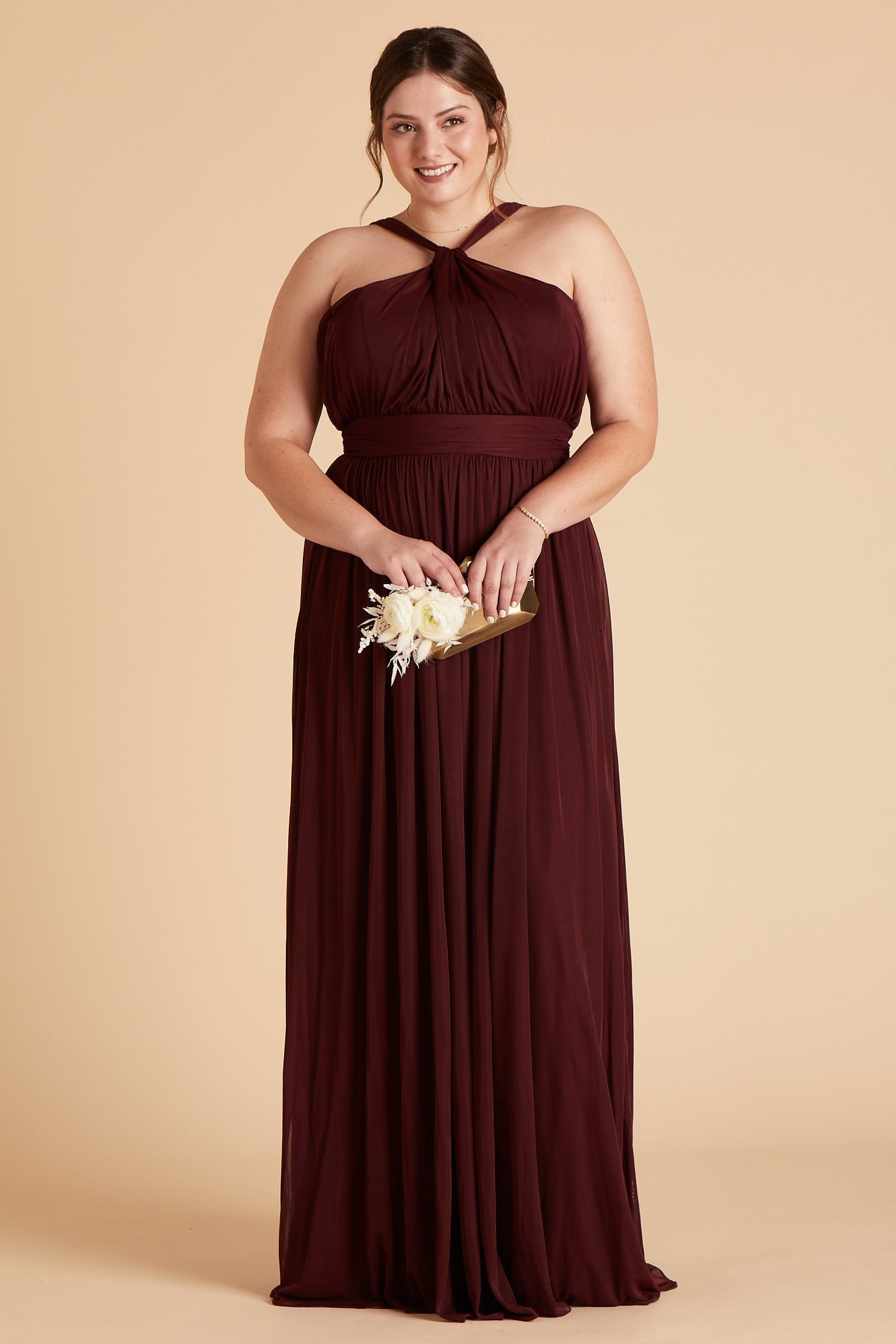 Kiko plus size bridesmaid dress in cabernet burgundy chiffon by Birdy Grey, front view