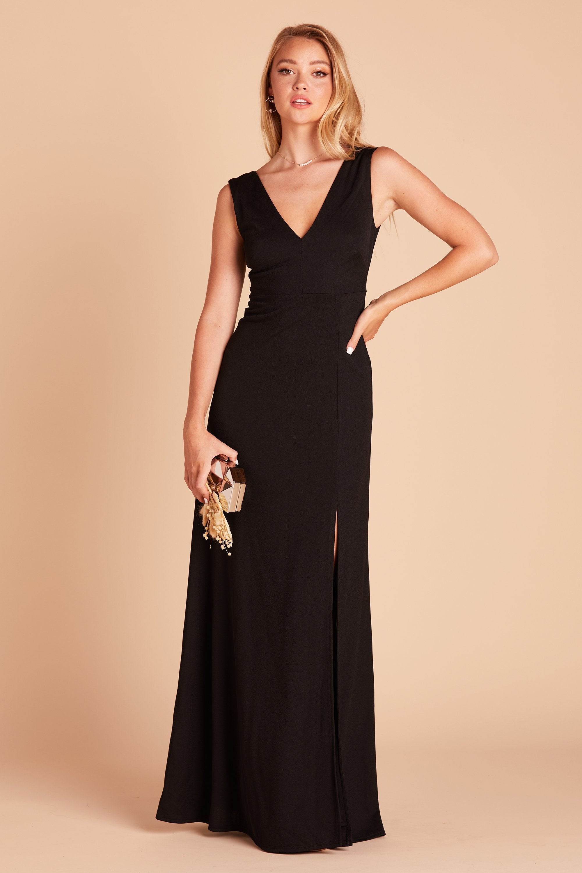 Shamin bridesmaid dress with slit in black crepe by Birdy Grey, front view