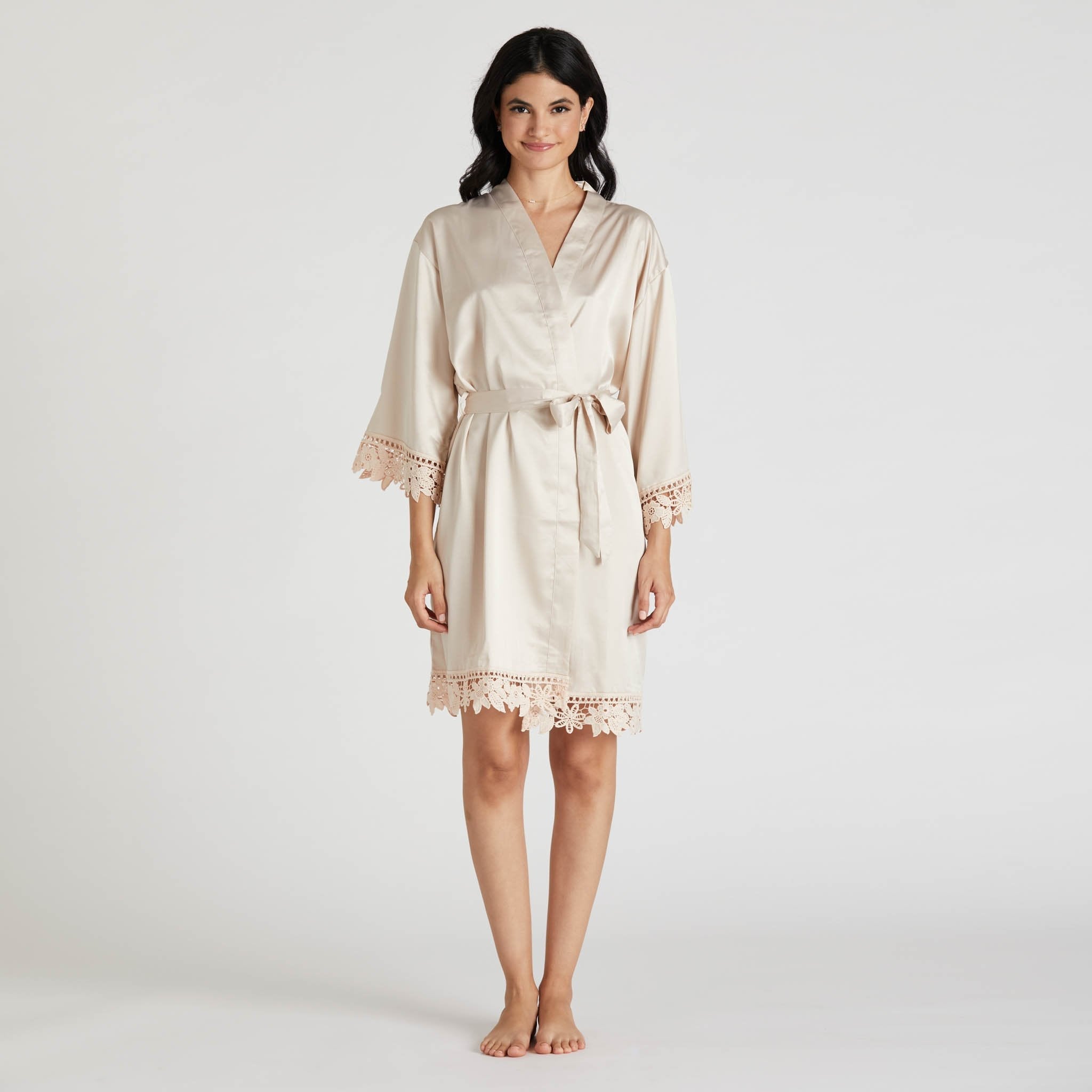 Satin Lace Robe in champagne by Birdy Grey, front view