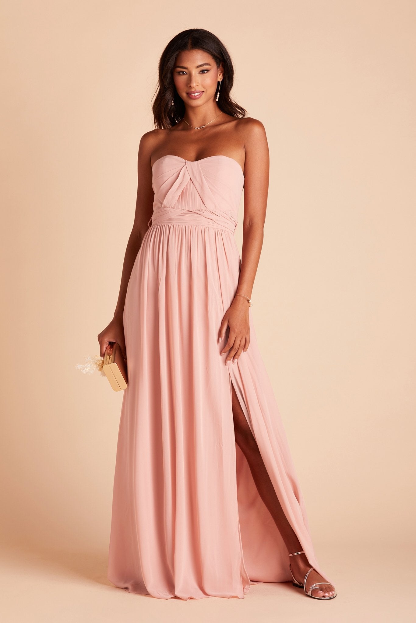 Grace convertible bridesmaid dress with slit in rose quartz pink chiffon by Birdy Grey, front view