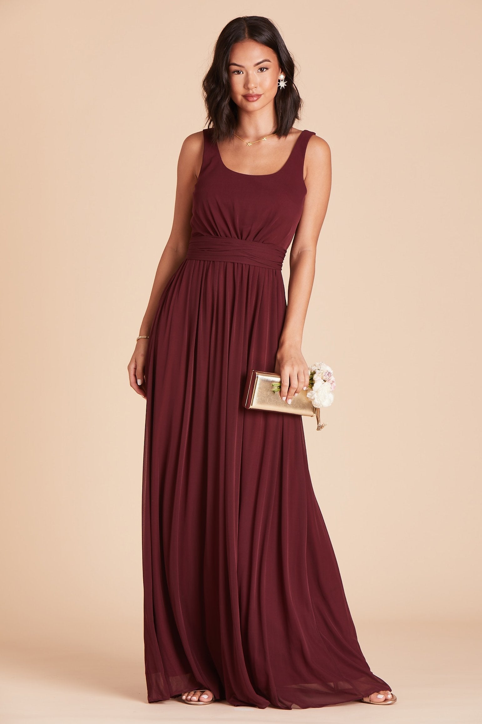 Jan bridesmaids dress in cabernet burgundy chiffon by Birdy Grey, front view