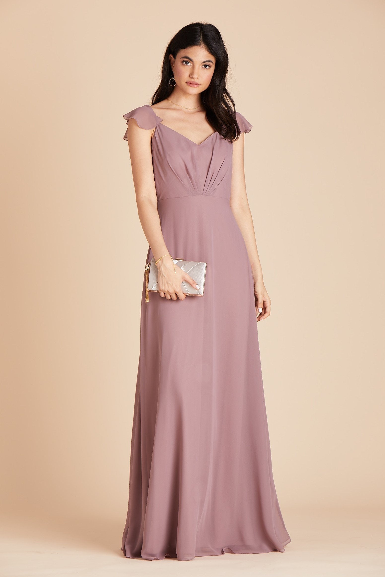 Kae bridesmaids dress in dark mauve purple chiffon by Birdy Grey, front view