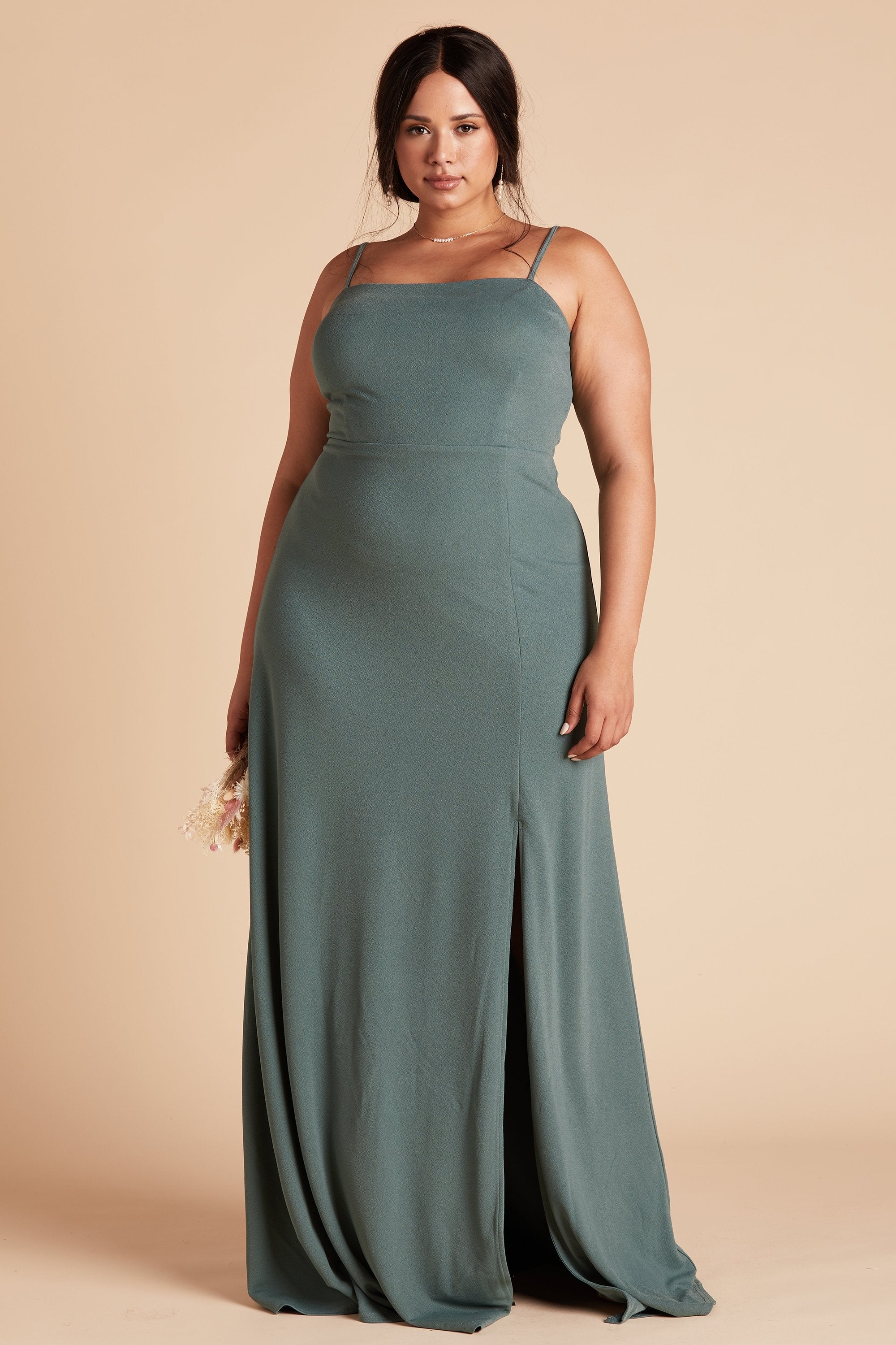 Benny plus size bridesmaid dress with slit in sea glass green chiffon by Birdy Grey, front view