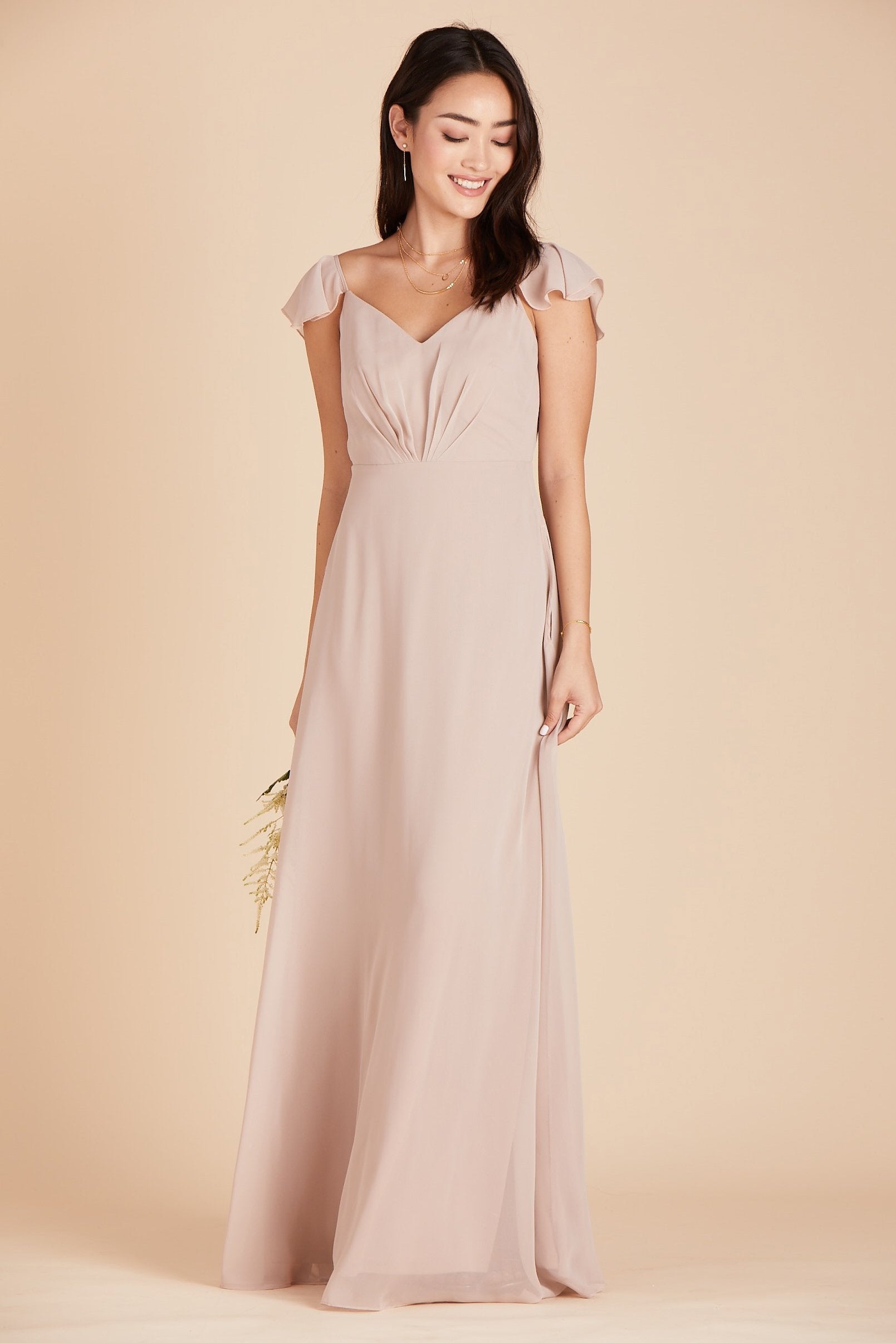 Kae bridesmaids dress in taupe chiffon by Birdy Grey, front view