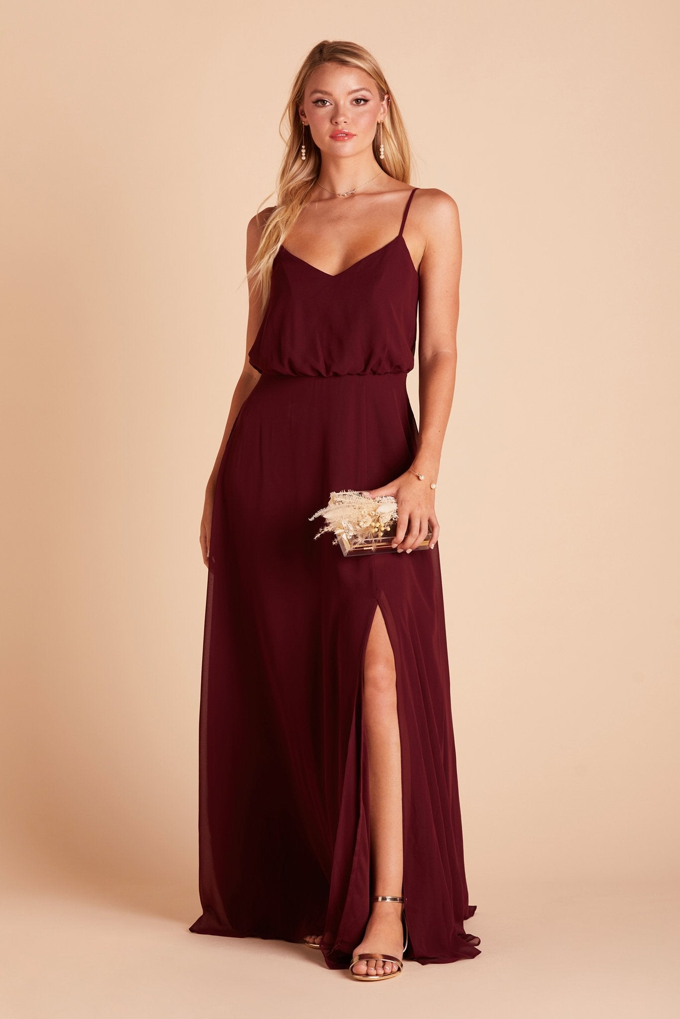 Gwennie bridesmaid dress with slit in cabernet burgundy chiffon by Birdy Grey, front view