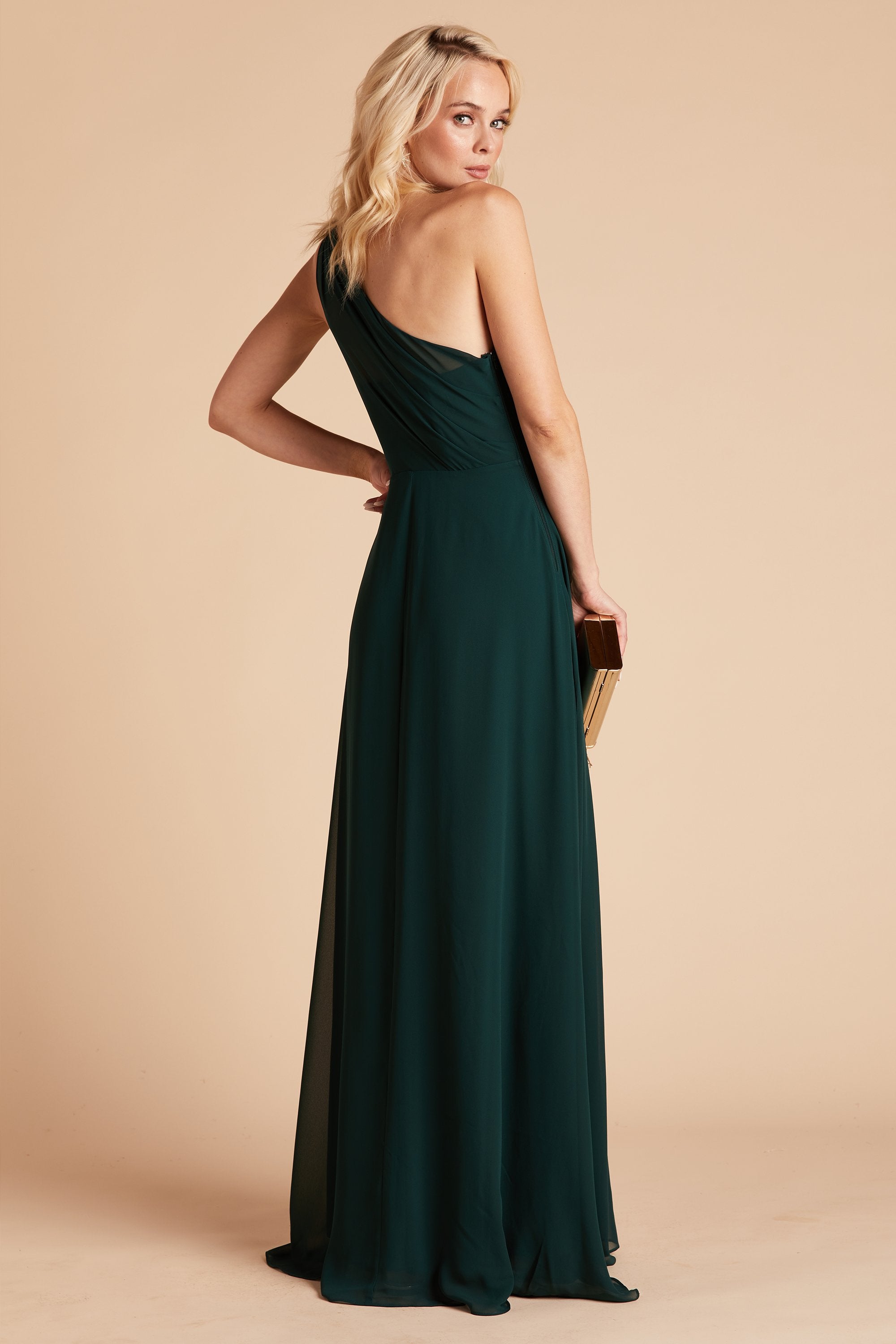 Kira bridesmaid dress in emerald chiffon by Birdy Grey, side view