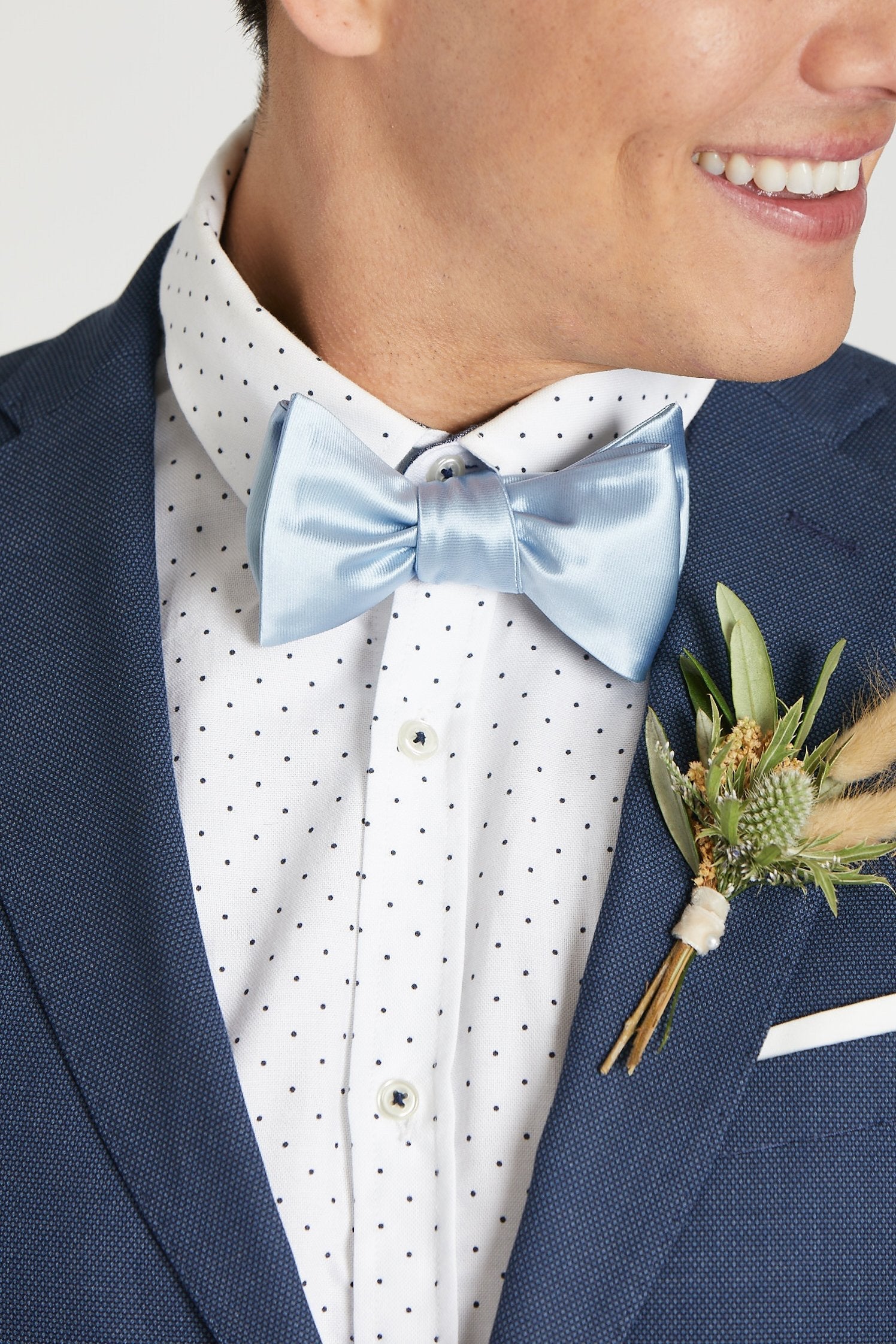 Daniel Bow Tie in dusty blue sateen by Birdy Grey, front view