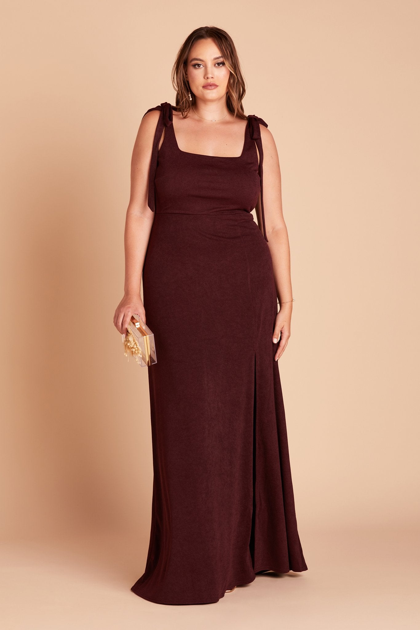 Alex convertible plus size bridesmaid dress with slit in cabernet burgundy crepe by Birdy Grey, front view