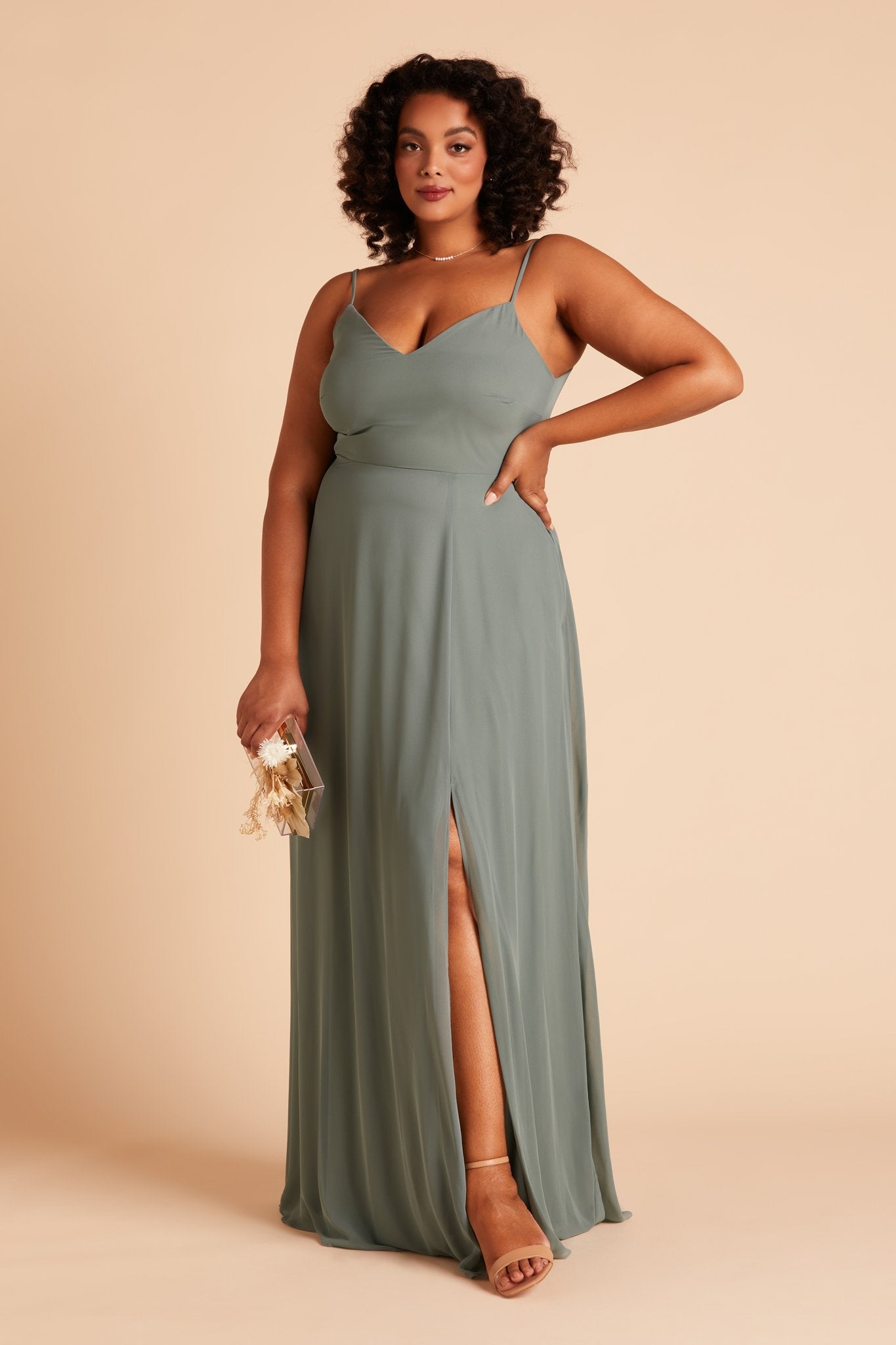 Devin convertible plus size bridesmaids dress with slit in sea glass green chiffon by Birdy Grey, front view