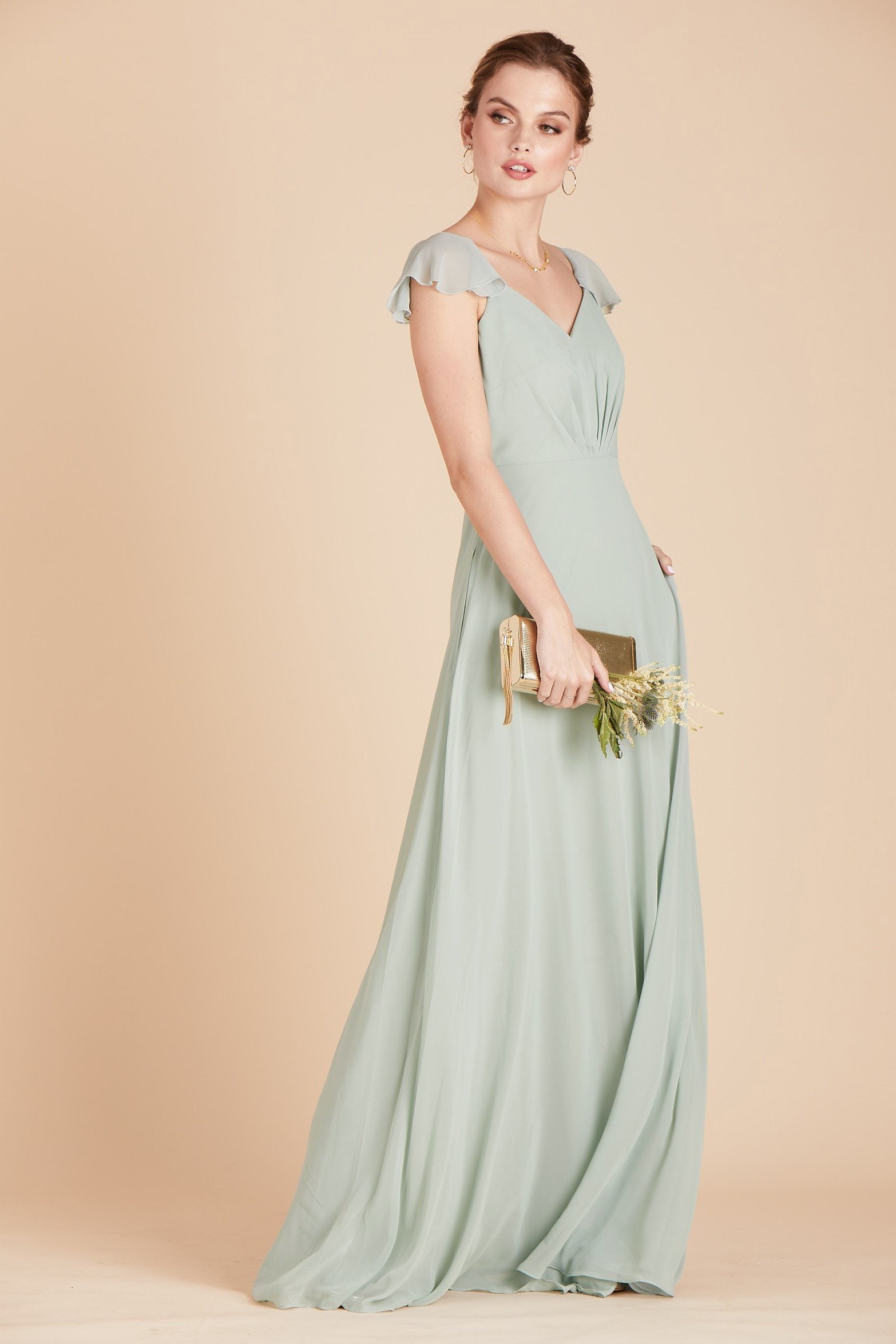 Kae bridesmaid dress in sage green chiffon by Birdy Grey, side view