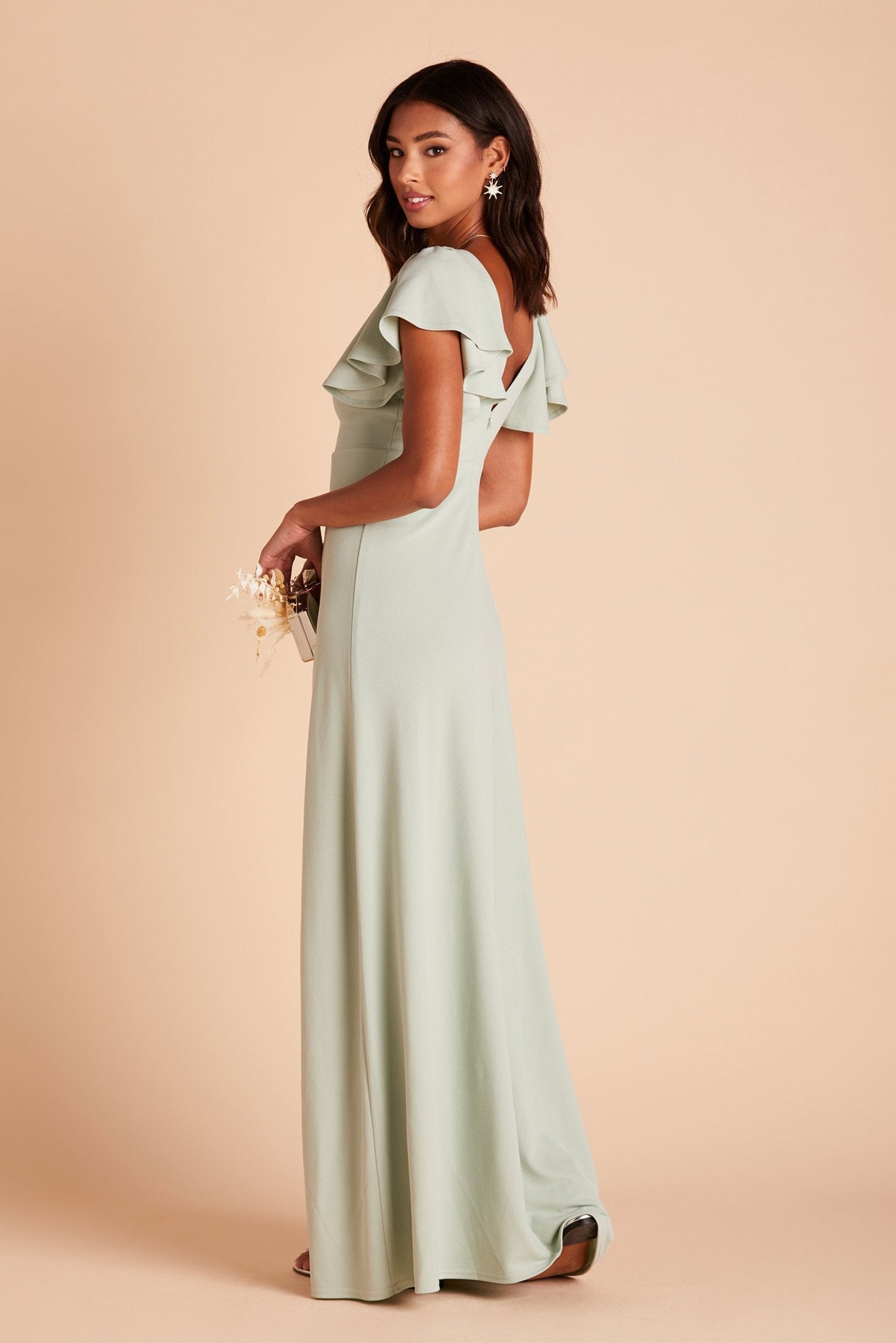 Hannah bridesmaid dress with slit in sage green crepe by Birdy Grey, side view