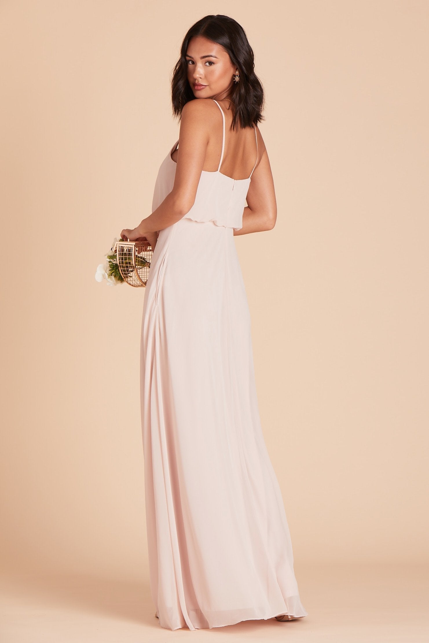 Gwennie bridesmaid dress in pale blush chiffon by Birdy Grey, side view