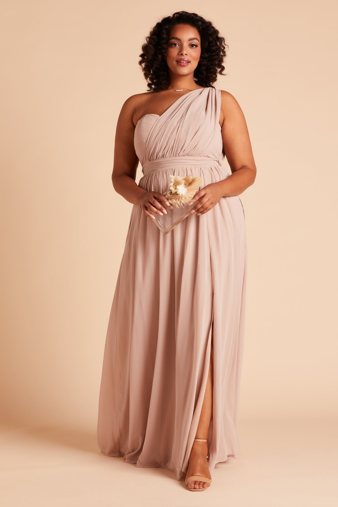 Grace convertible plus size bridesmaid dress with slit in taupe chiffon by Birdy Grey, front view