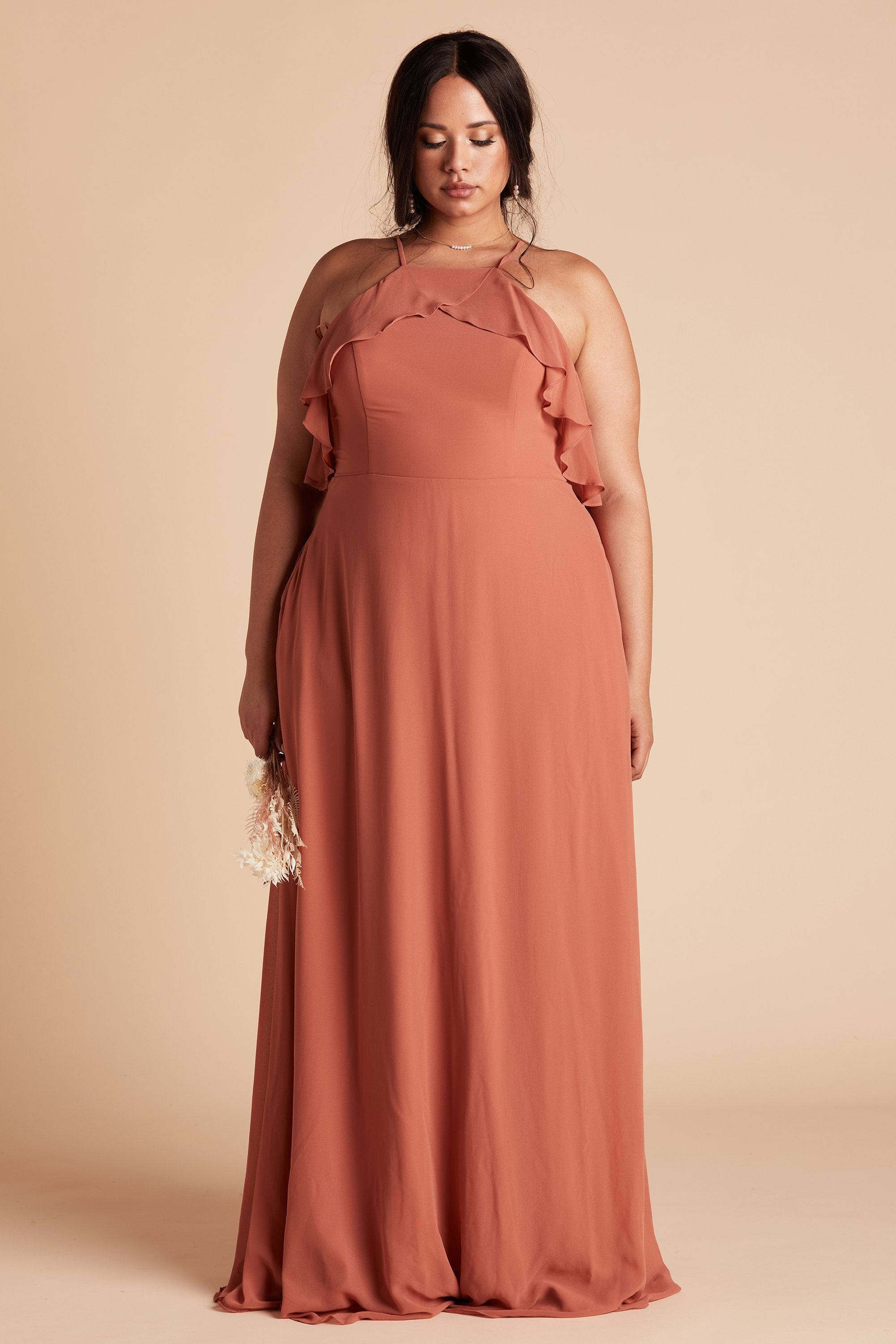 Jules plus size bridesmaid dress in terracotta orange chiffon by Birdy Grey, front view