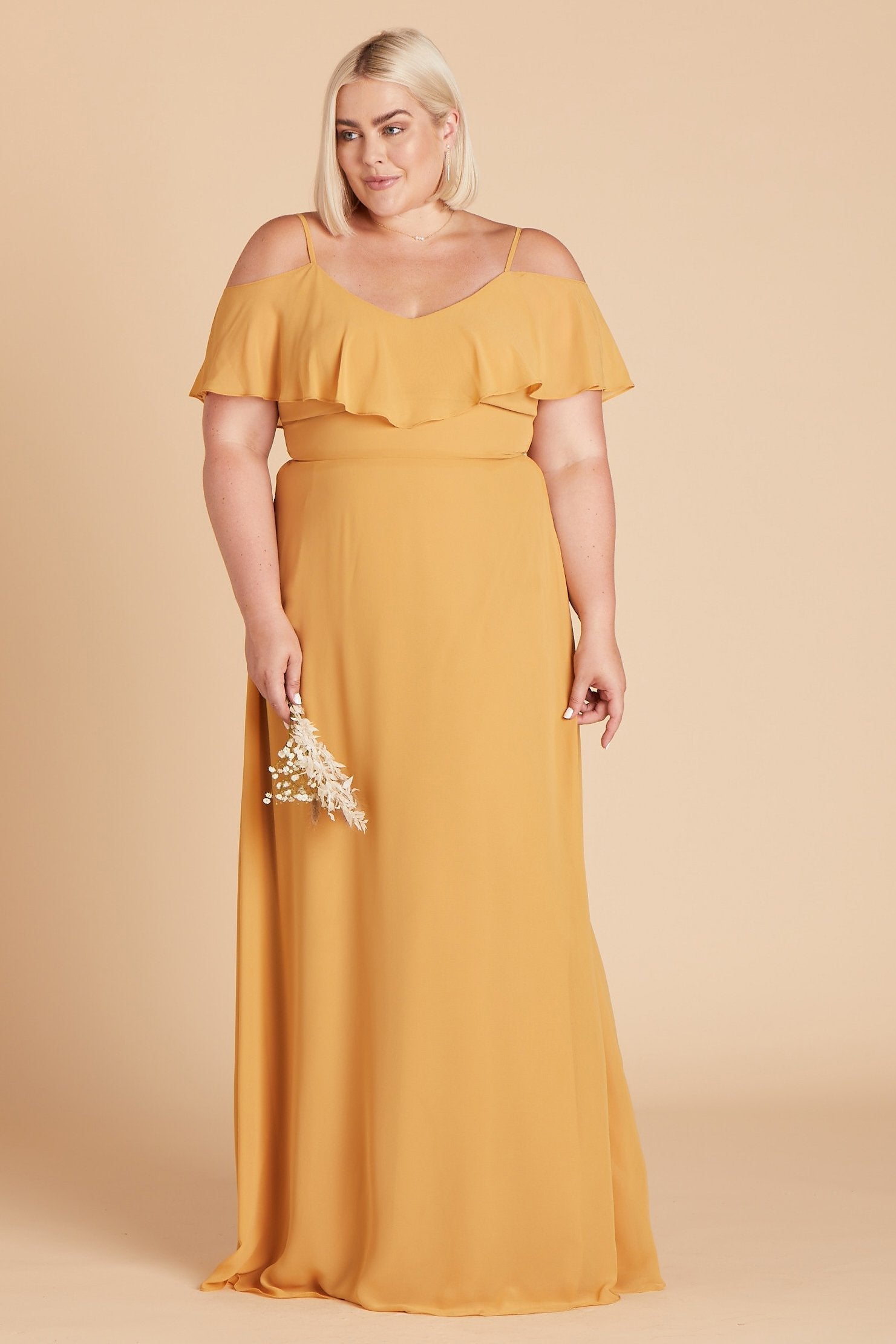 Jane convertible plus size bridesmaid dress in marigold chiffon by Birdy Grey, front view