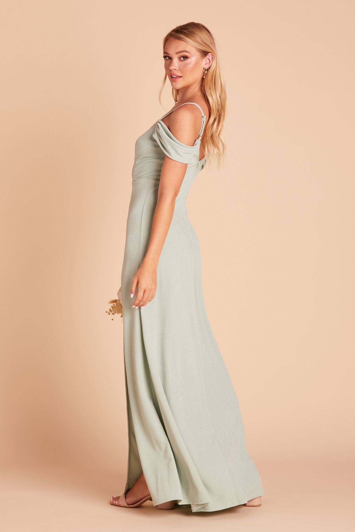 Dev bridesmaid dress with slit in sage green crepe by Birdy Grey, front view