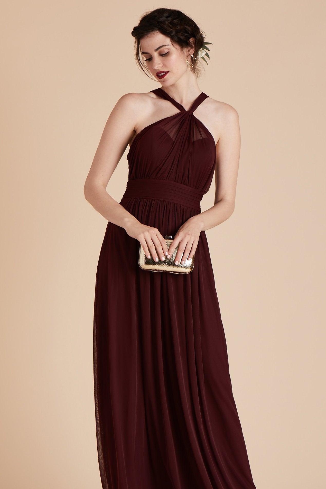 Kiko bridesmaid dress in cabernet burgundy chiffon by Birdy Grey, front view