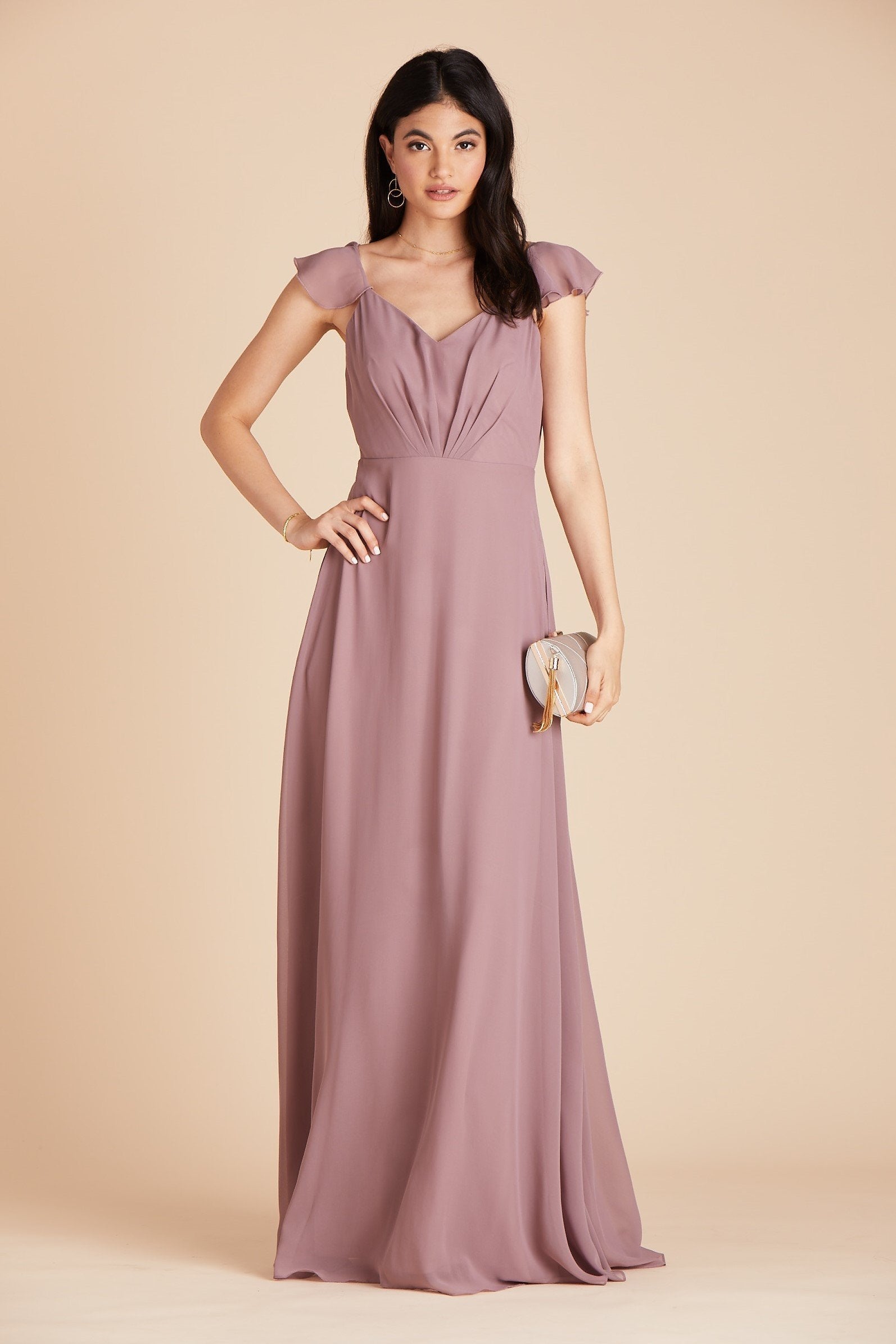 Kae bridesmaids dress in dark mauve purple chiffon by Birdy Grey, front view