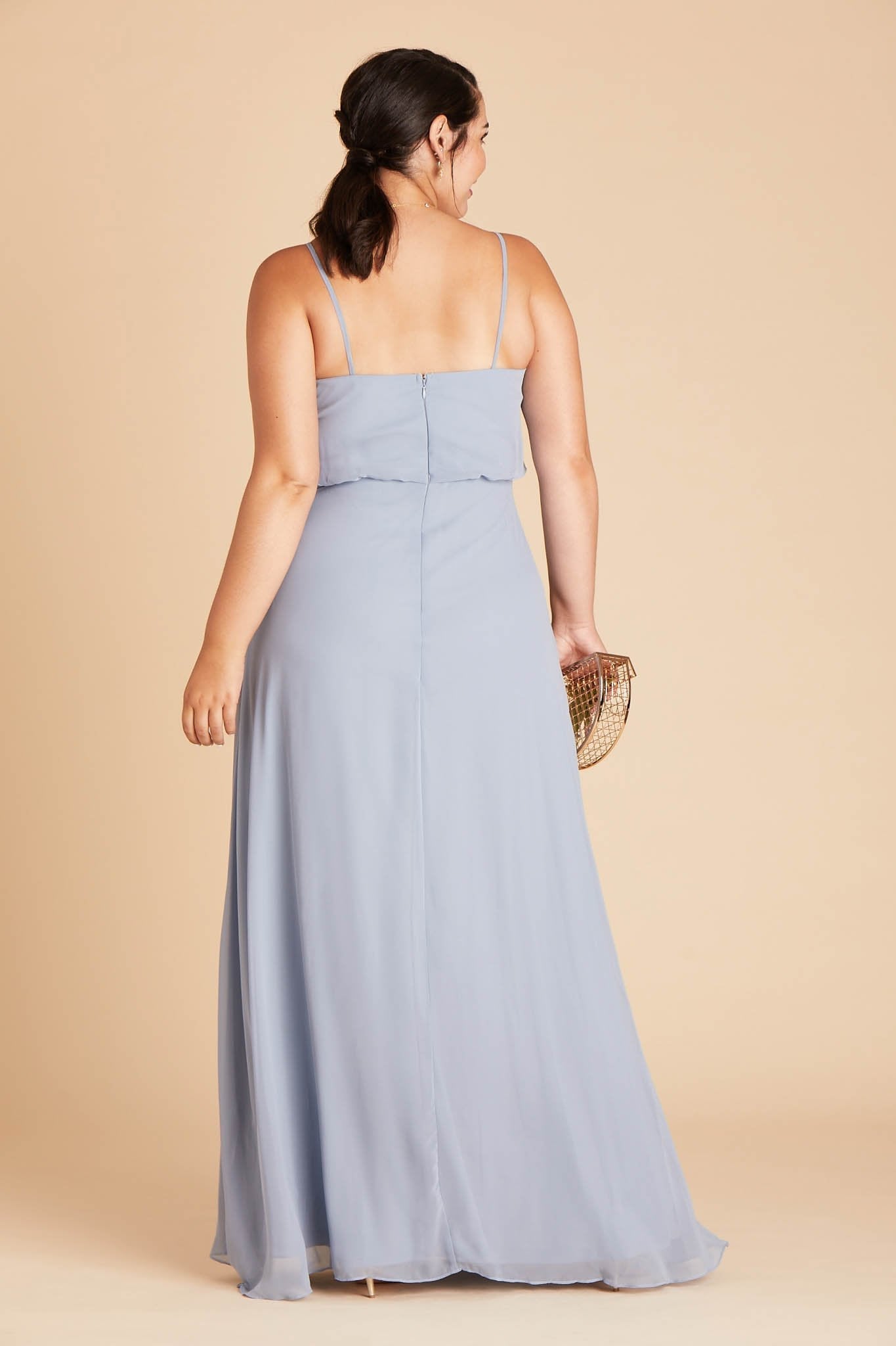 Gwennie plus size bridesmaid dress in dusty blue chiffon by Birdy Grey, back view