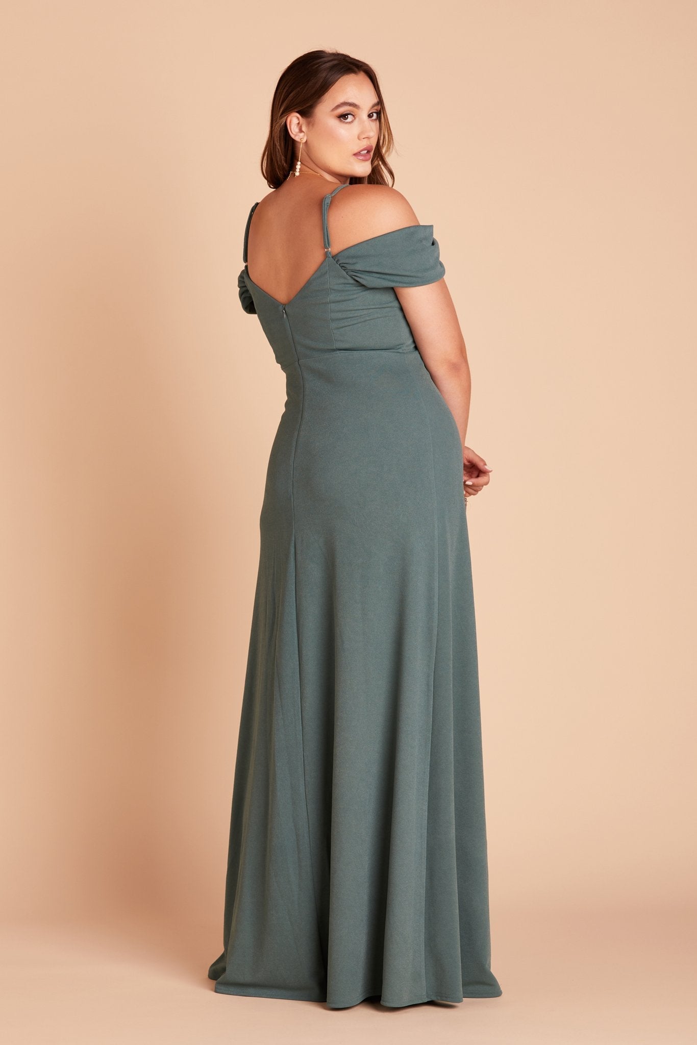 Dev plus size bridesmaid dress with slit in sea glass green crepe by Birdy Grey, side view