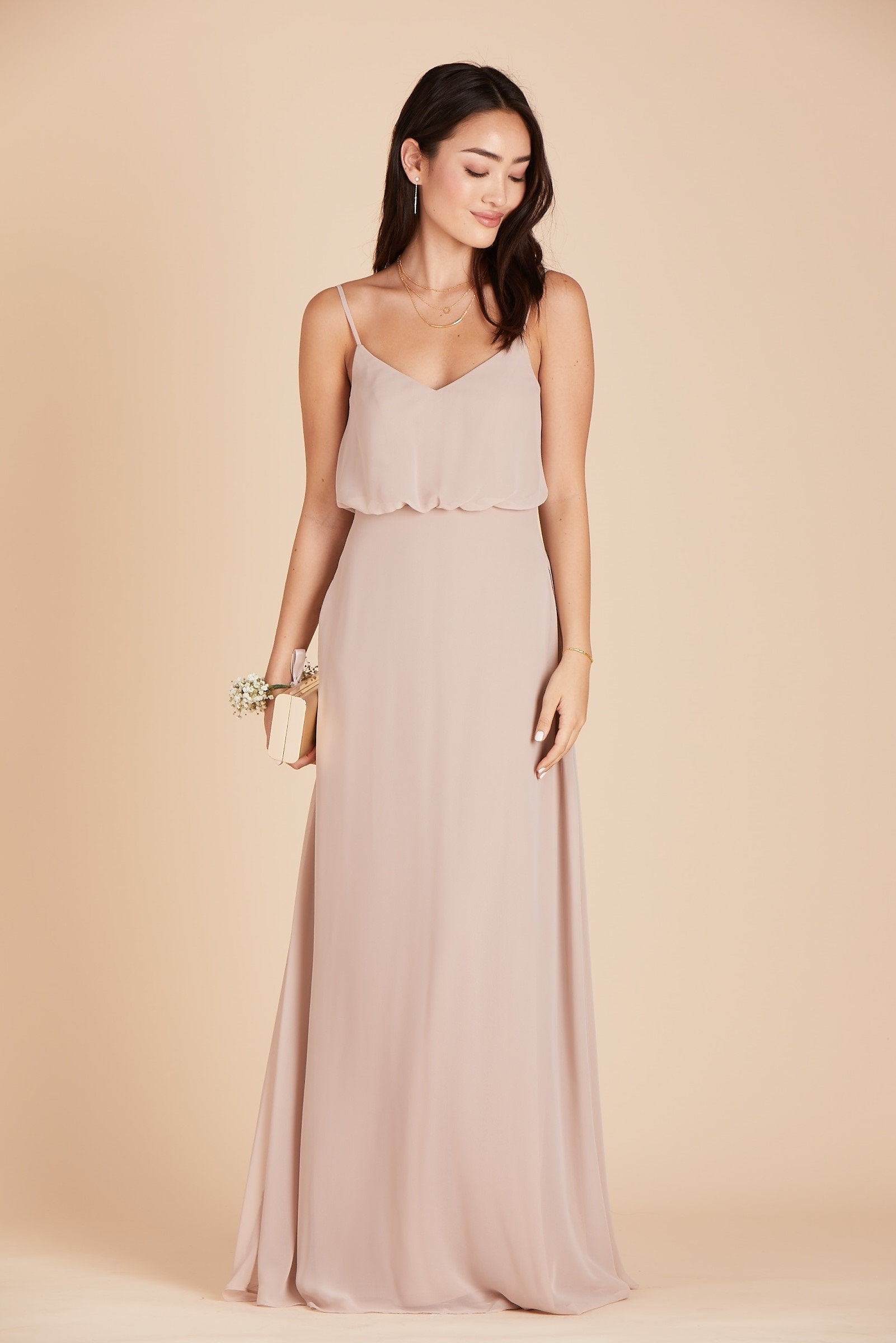 Gwennie bridesmaid dress in taupe chiffon by Birdy Grey, front view